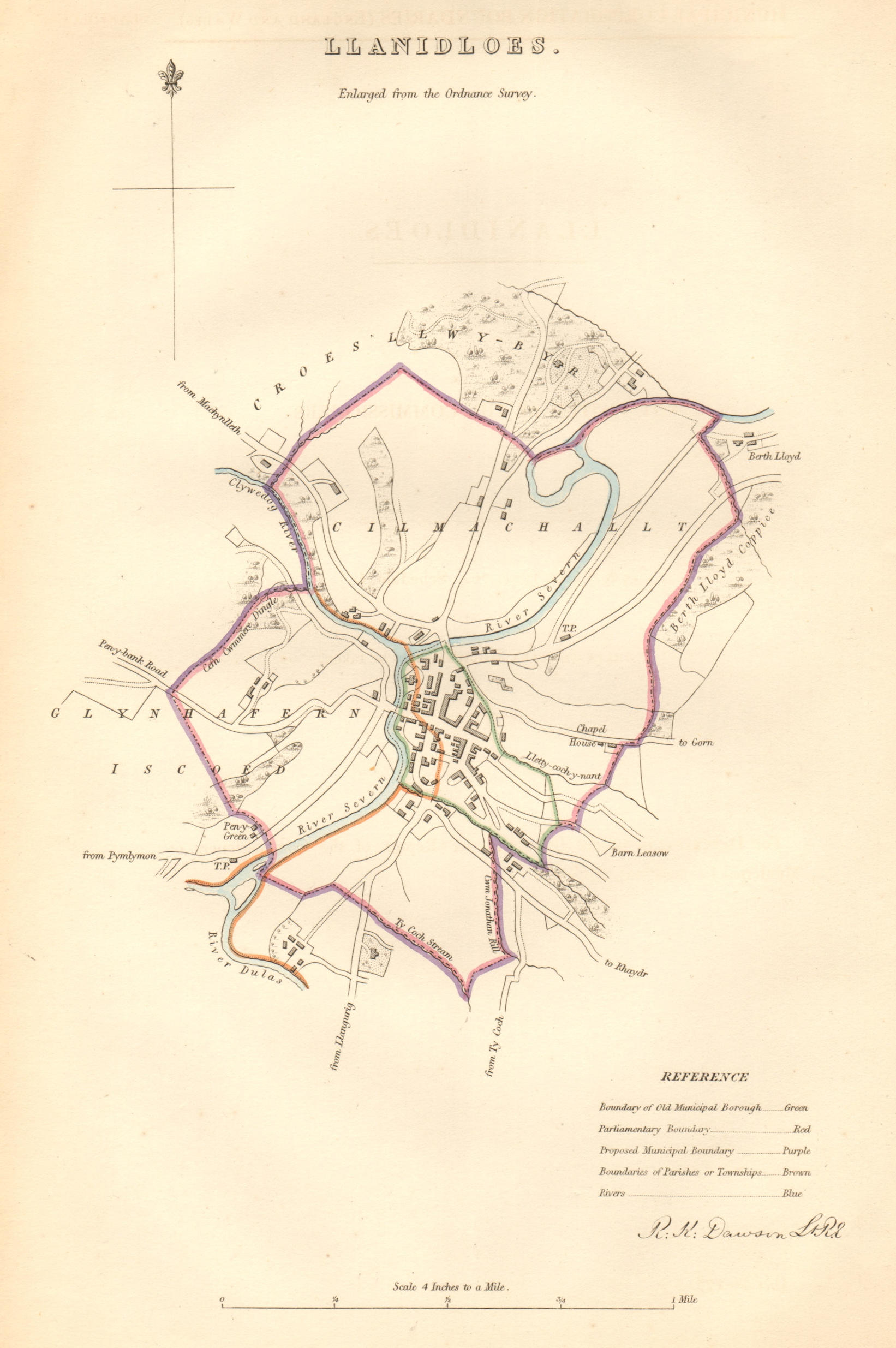 LLANIDLOES borough/town plan. BOUNDARY COMMISSION. Wales. DAWSON 1837 old map