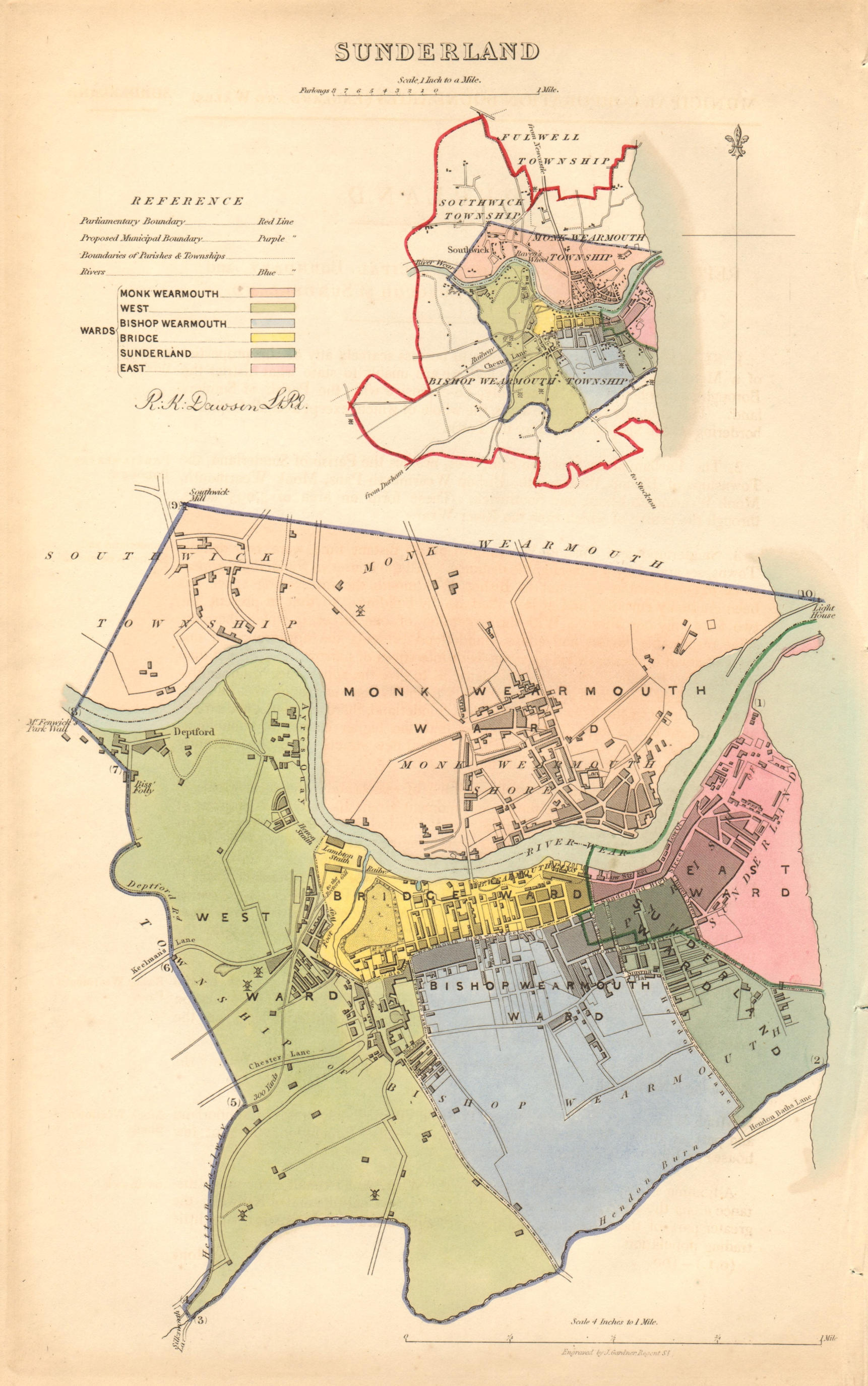 Associate Product SUNDERLAND borough/town/city plan. BOUNDARY COMMISSION. Durham. DAWSON 1837 map