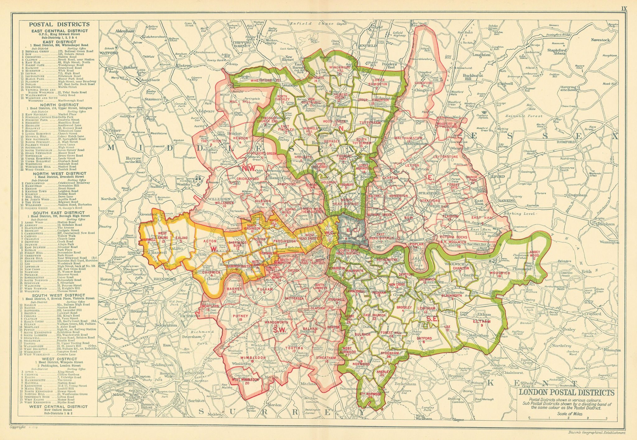 LONDON POSTAL DISTRICTS. Post code areas. N NW W SW SE E. BACON 1923 old map