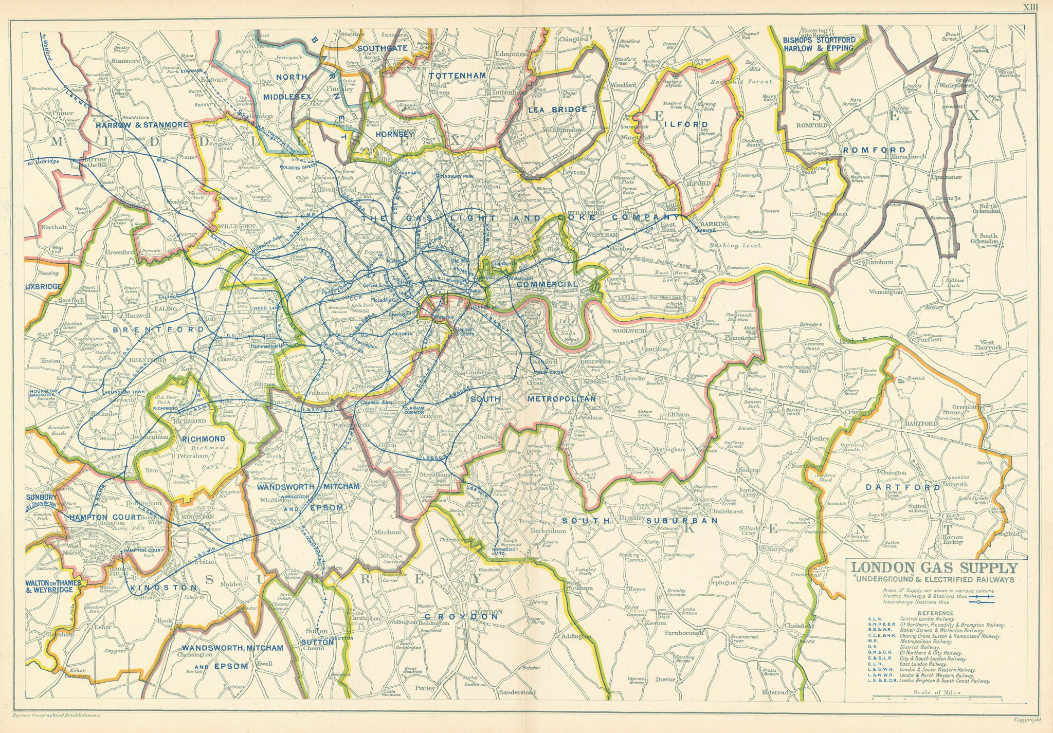 Associate Product LONDON GAS SUPPLY areas + UNDERGROUND/Tube & electrified railways.BACON 1923 map