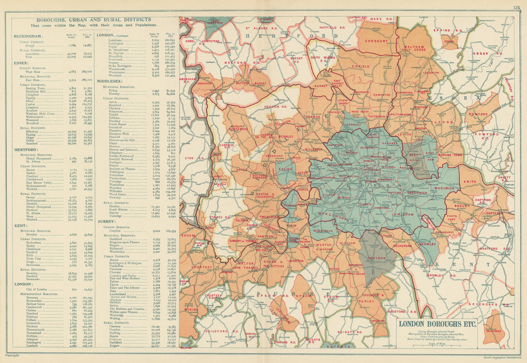 LONDON showing Municipal Boroughs, Urban Districts & Rural areas. BACON 1923 map