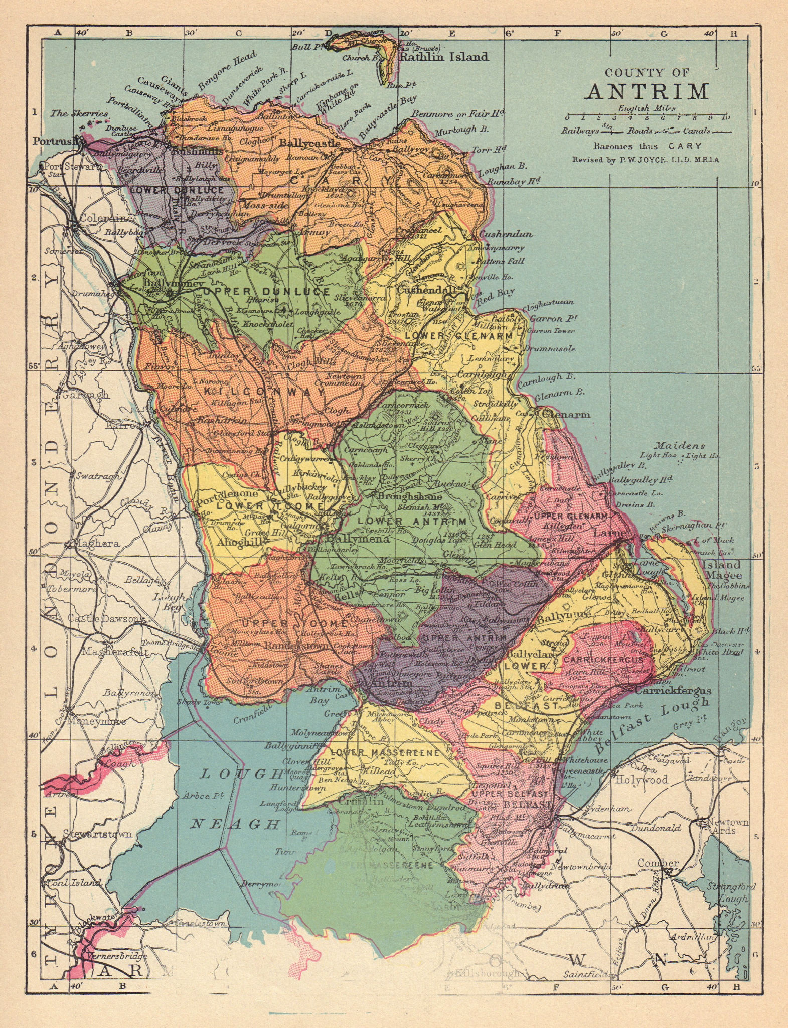 COUNTY ANTRIM antique map. Ulster Belfast Lisburn Northern Ireland. JOYCE 1905
