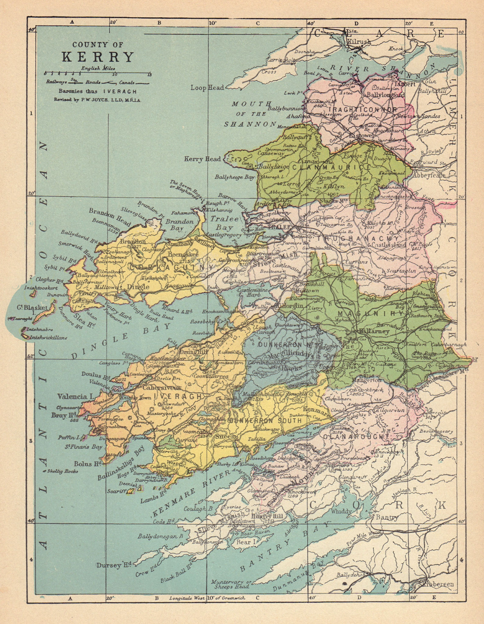 COUNTY KERRY antique map. Munster. Ireland. JOYCE 1905 old chart
