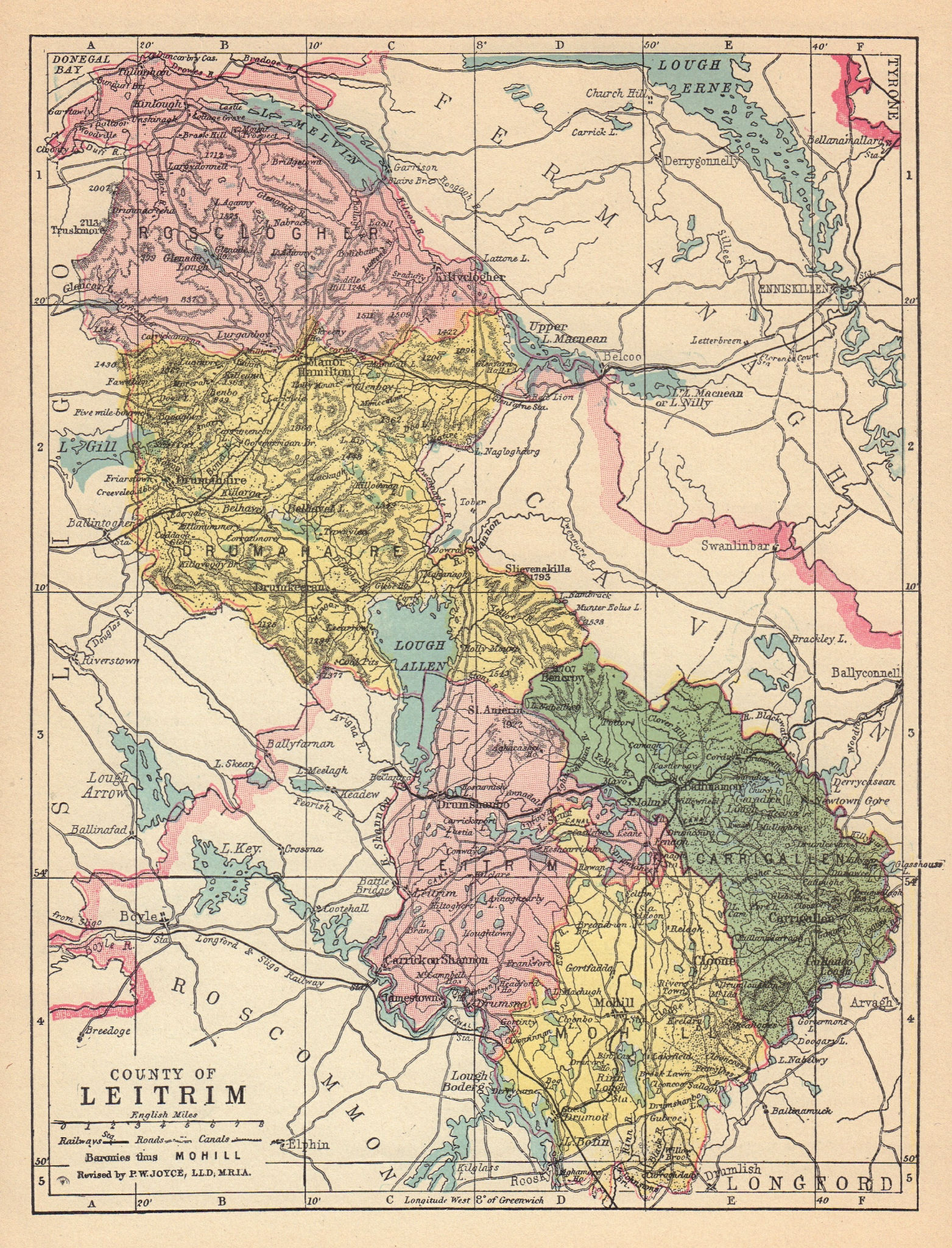 COUNTY LEITRIM antique map. Connaught. Ireland. JOYCE 1905 old