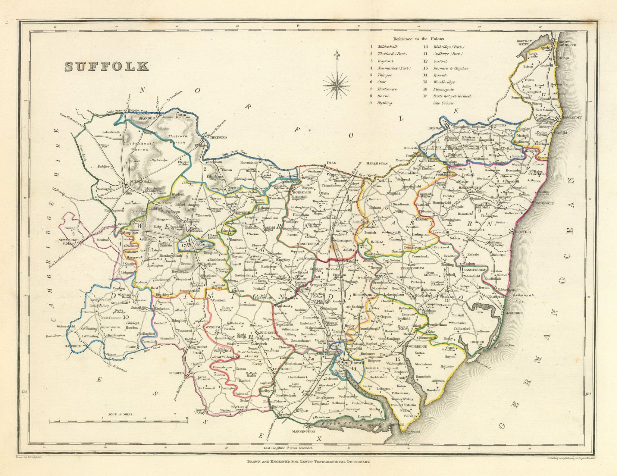 Antique county map of SUFFOLK by Creighton & Starling for Lewis c1840 old