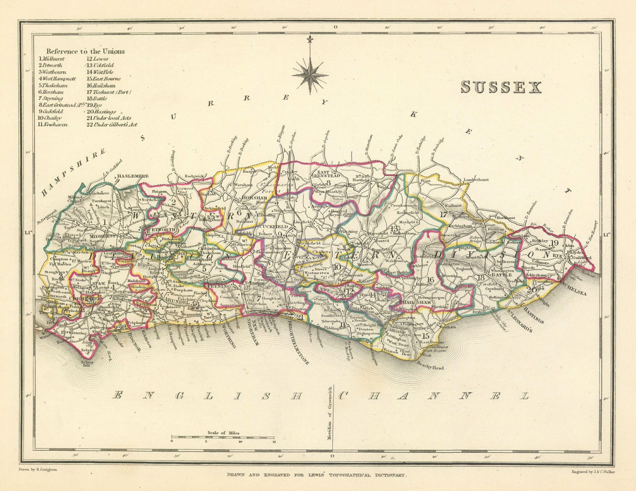 Antique county map of SUSSEX by Creighton & Walker for Lewis c1840 old