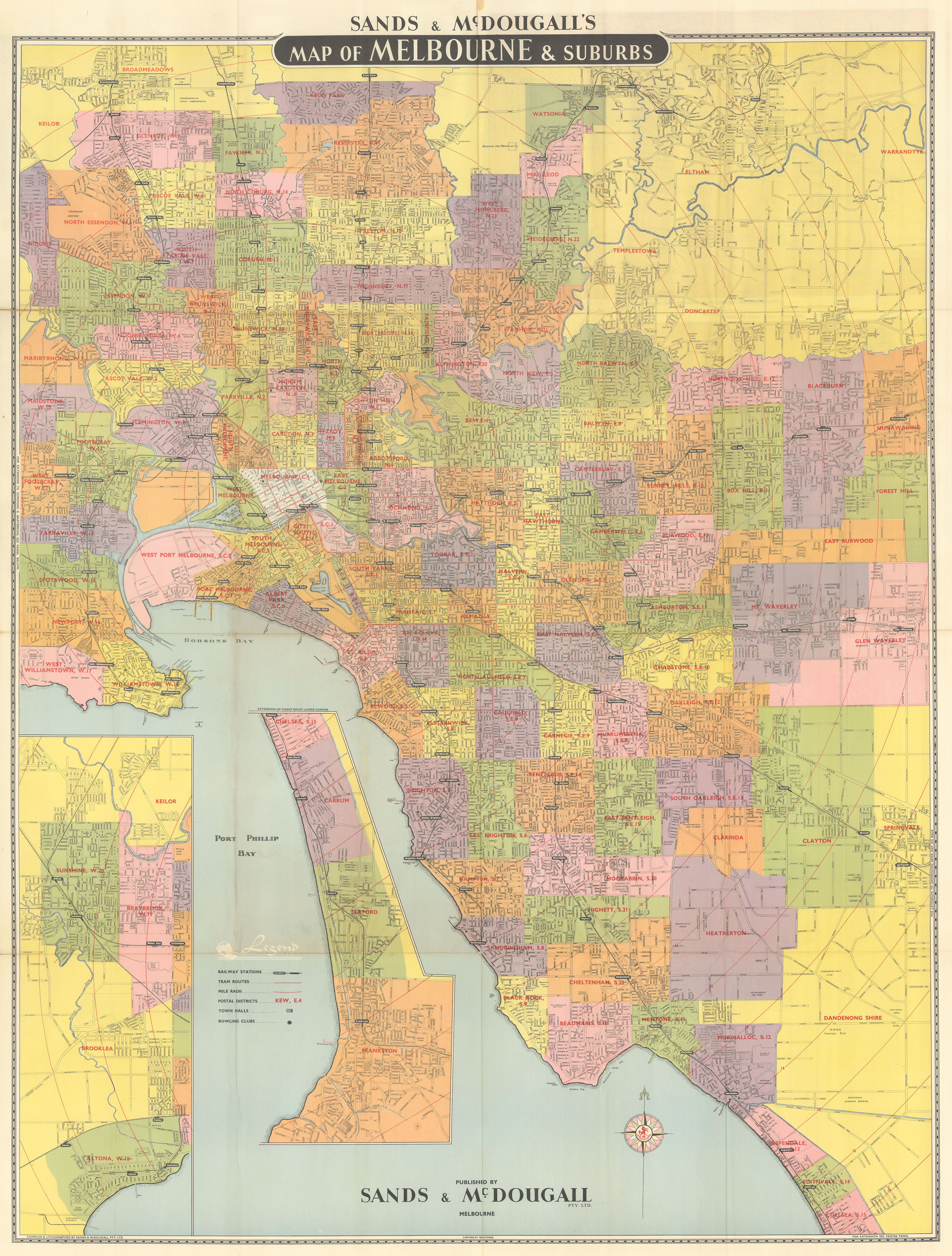 Associate Product Map of Melbourne and Suburbs by Sands & McDougall. 114x86cm 1959 old