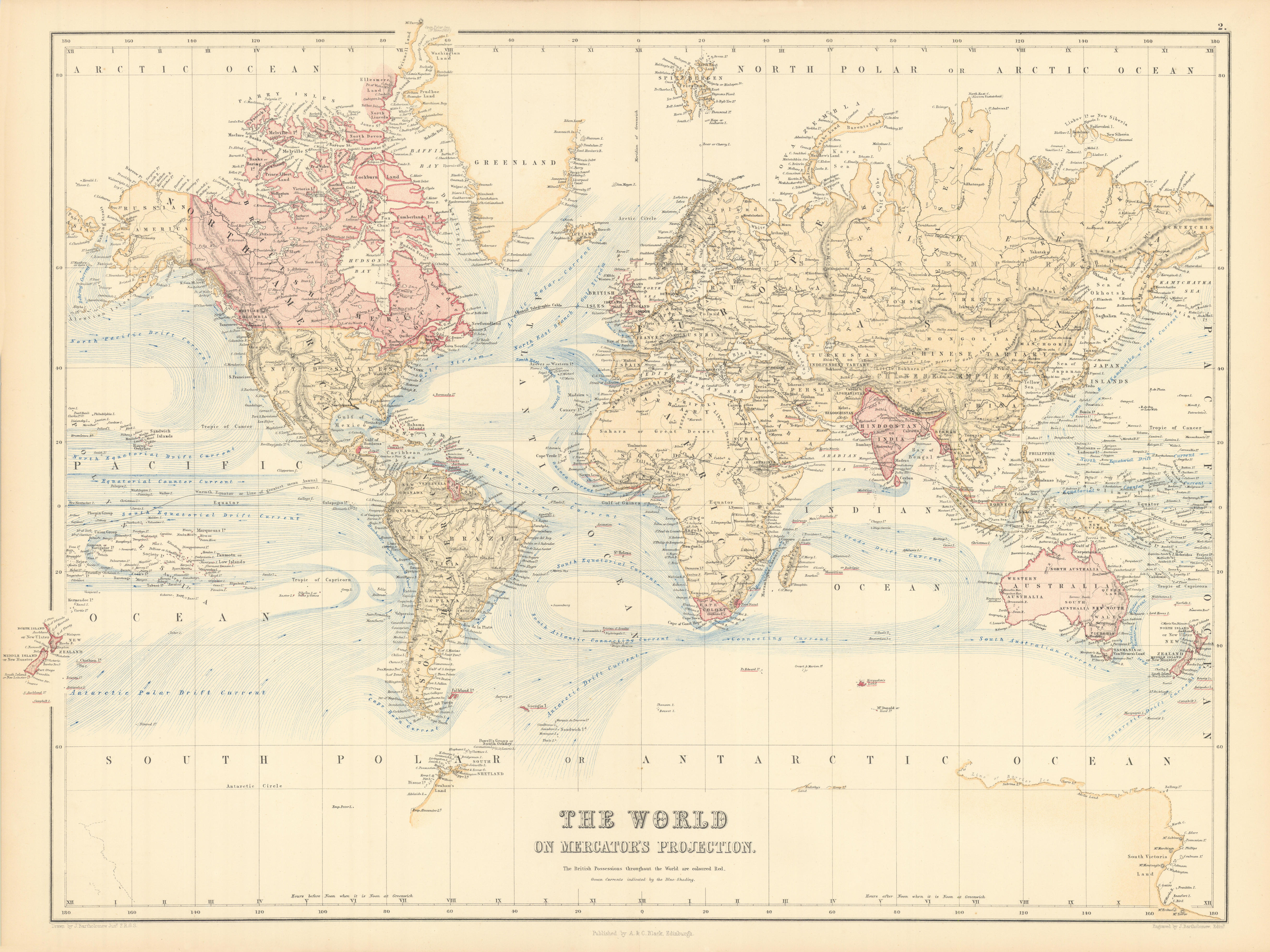 Associate Product World on Mercator's Projection showing the British Empire. BARTHOLOMEW 1862 map
