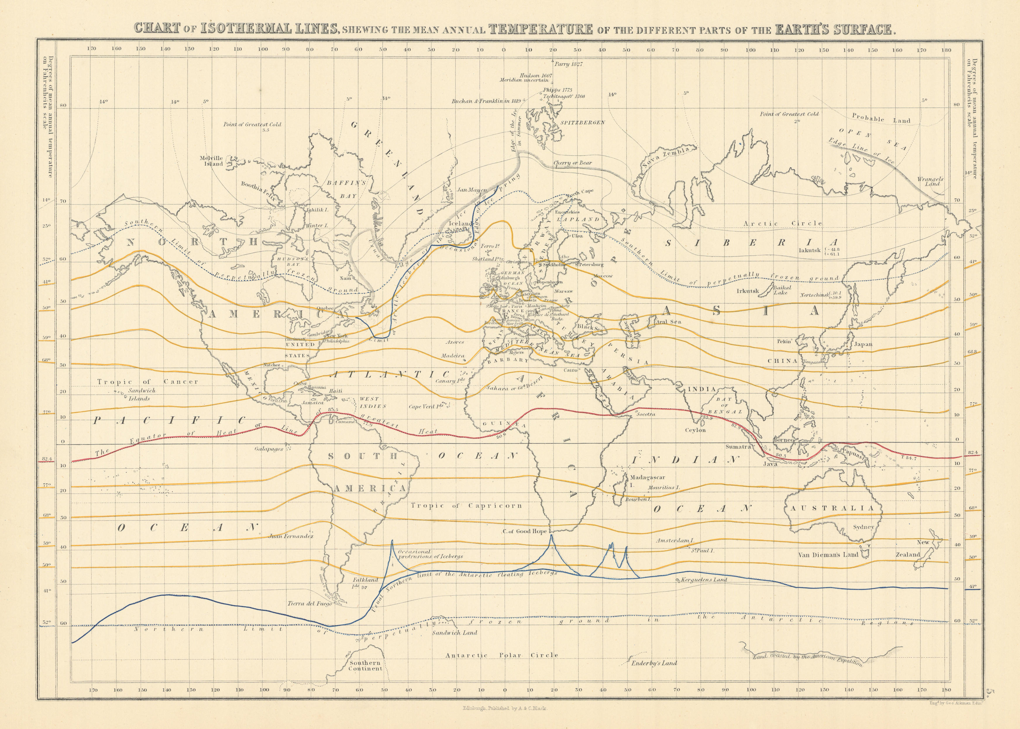 World chart of isothermal lines. Mean annual temperature. GEORGE AIKMAN 1862 map