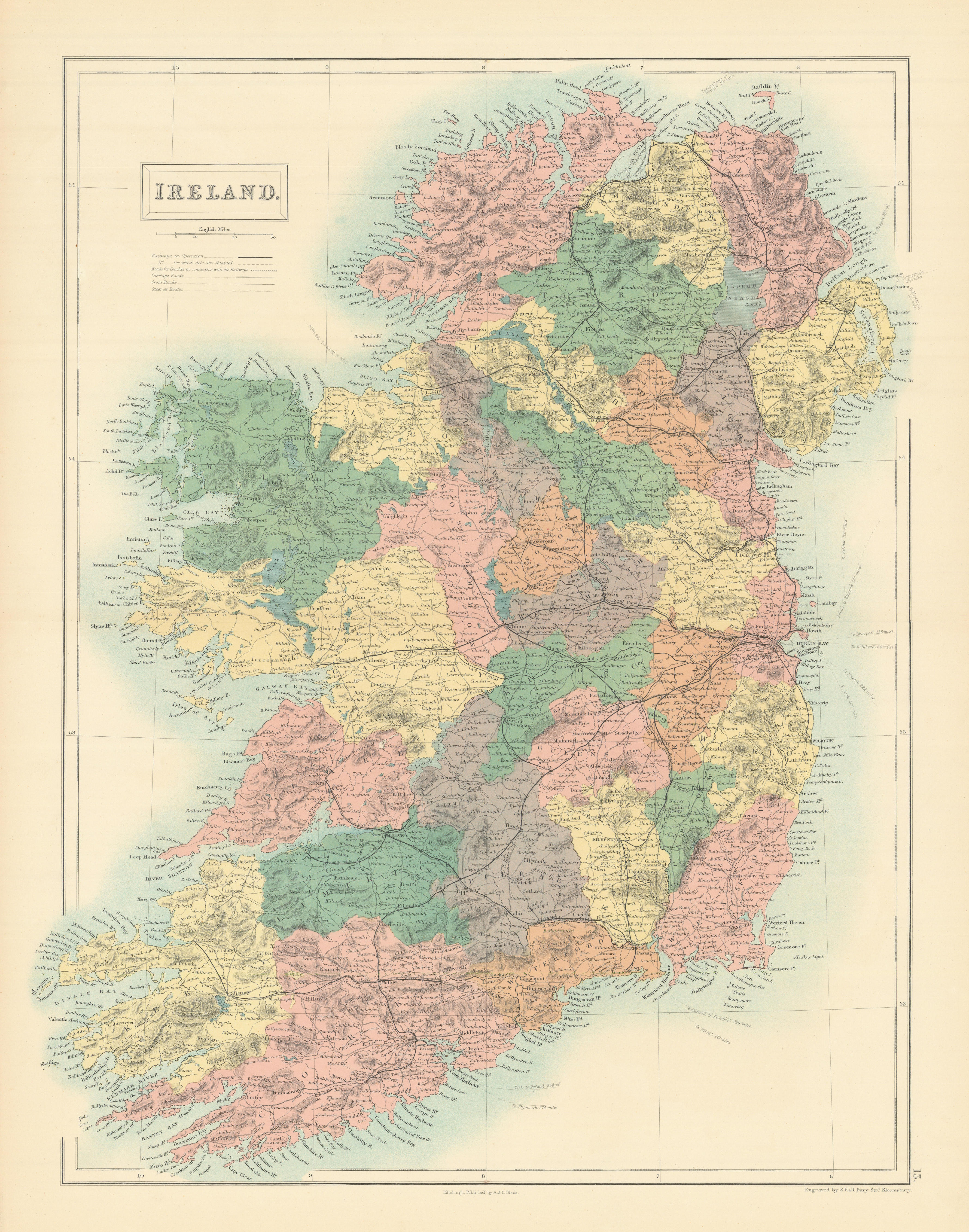 Associate Product Ireland showing counties & railways by SIDNEY HALL 1862 old antique map chart