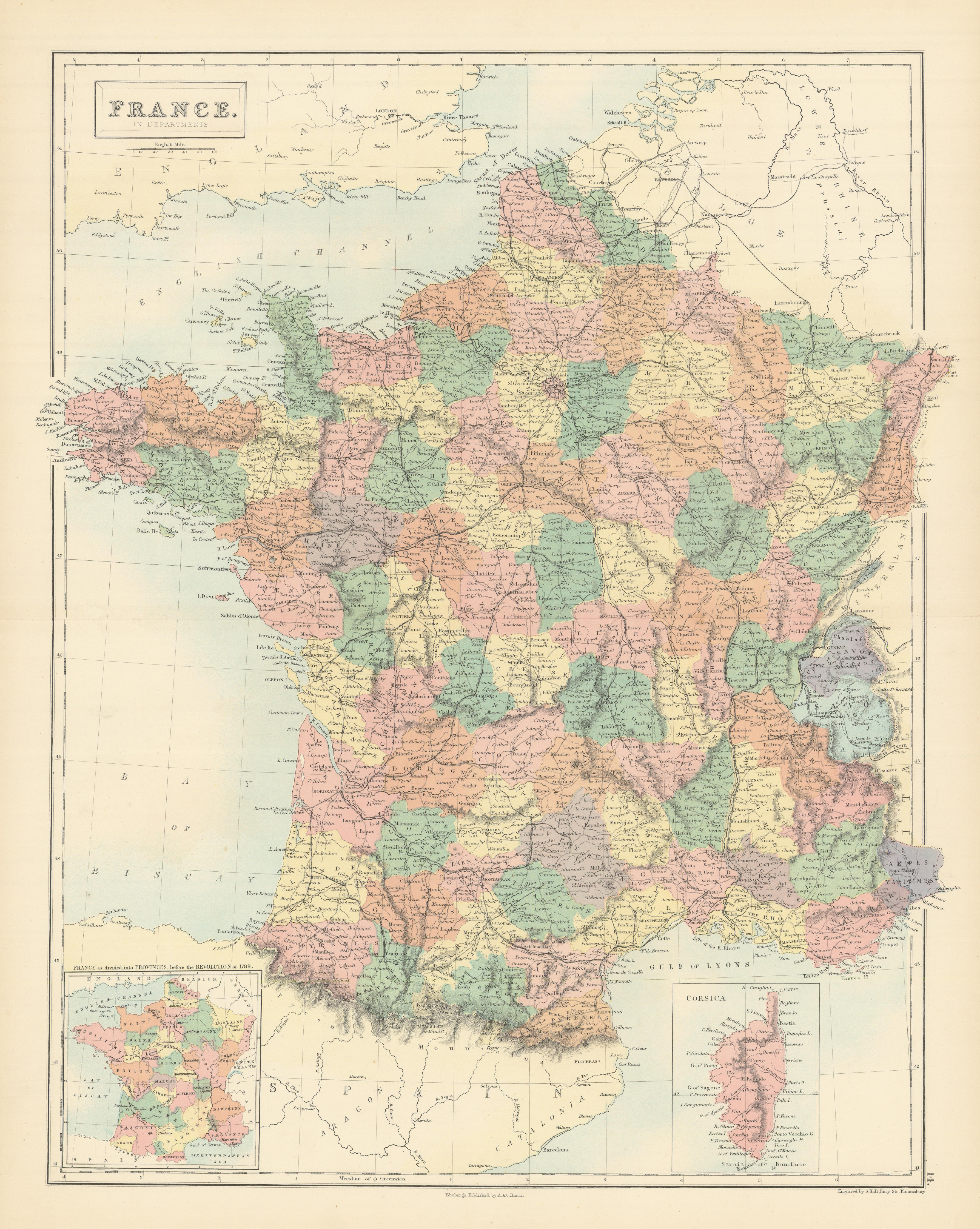 France in departments showing railways. SIDNEY HALL 1862 old antique map chart