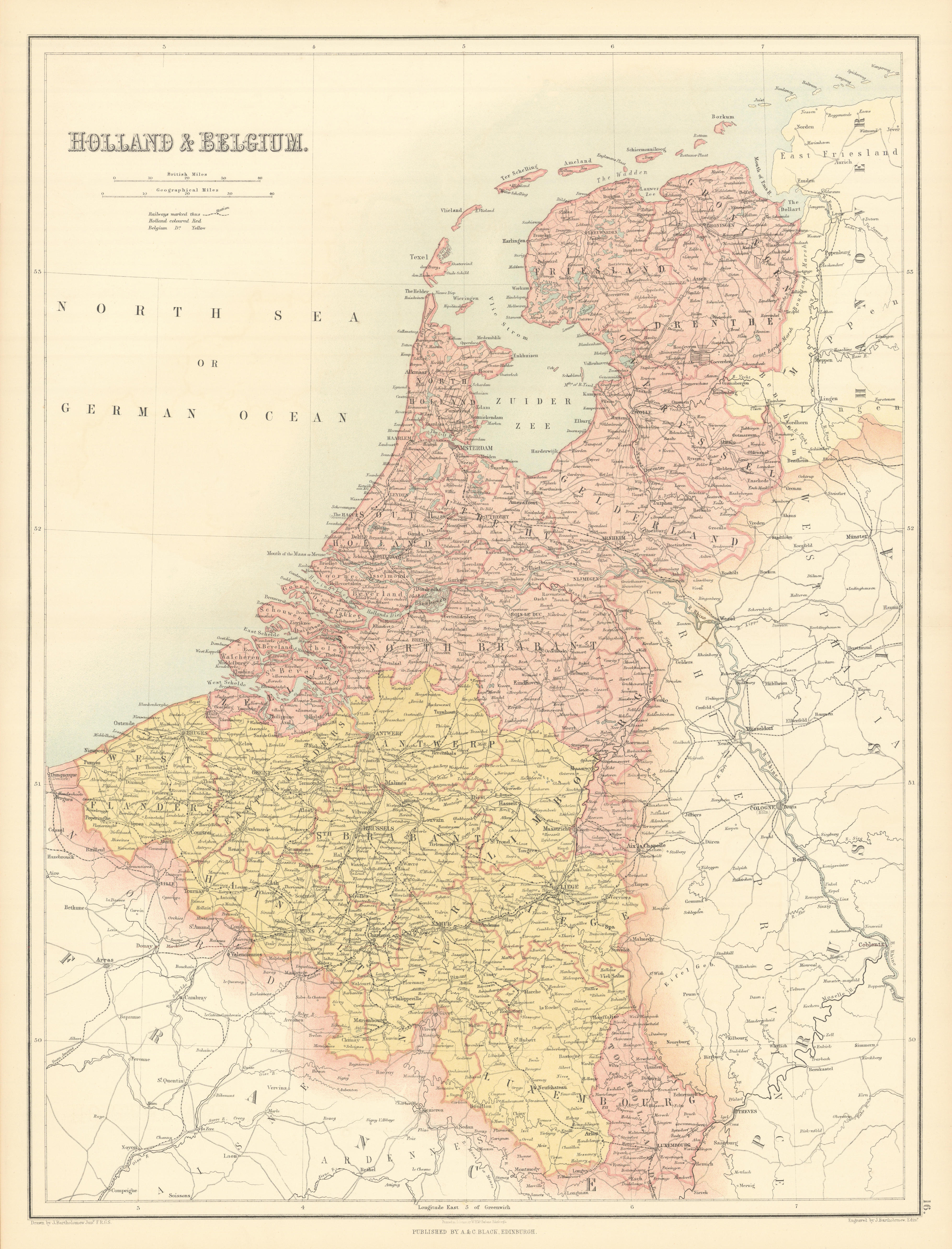 Holland, Belgium & Luxembourg. Benelux. Railways. BARTHOLOMEW 1862 old map