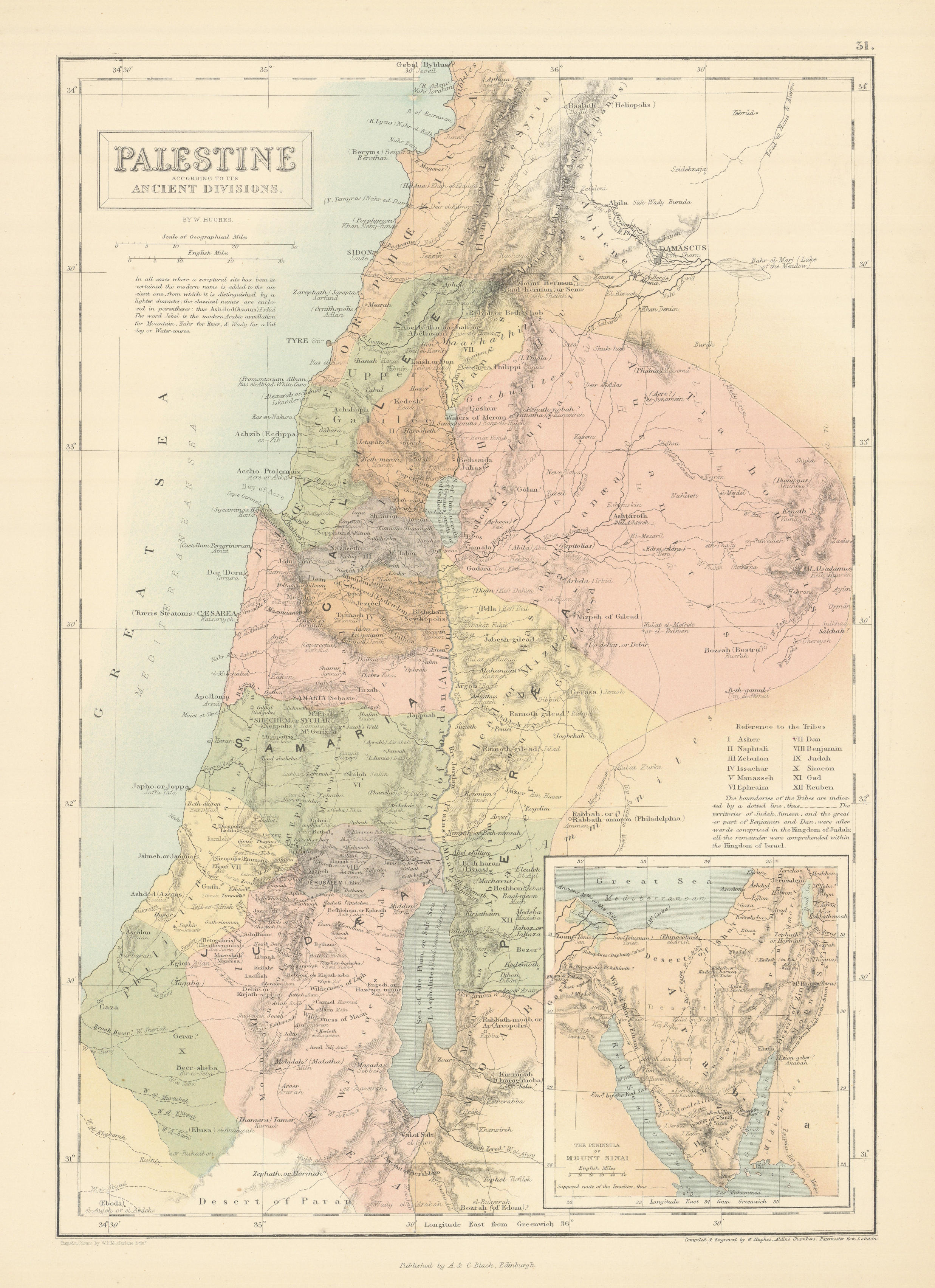 Palestine with its ancient divisions. Inset Sinai peninsula. HUGHES 1862 map
