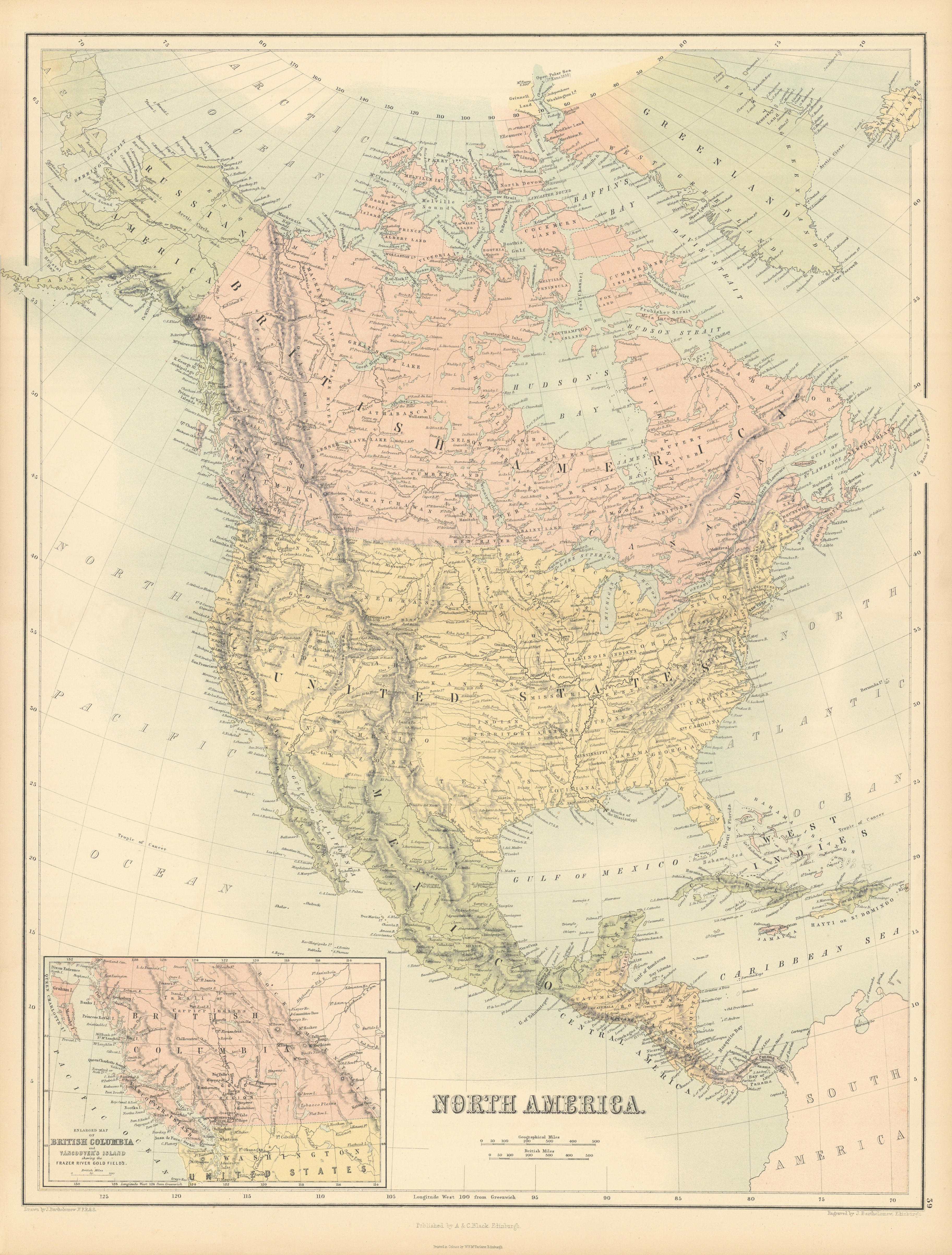 Associate Product North America. USA. Russian America. British Columbia. BARTHOLOMEW 1862 map