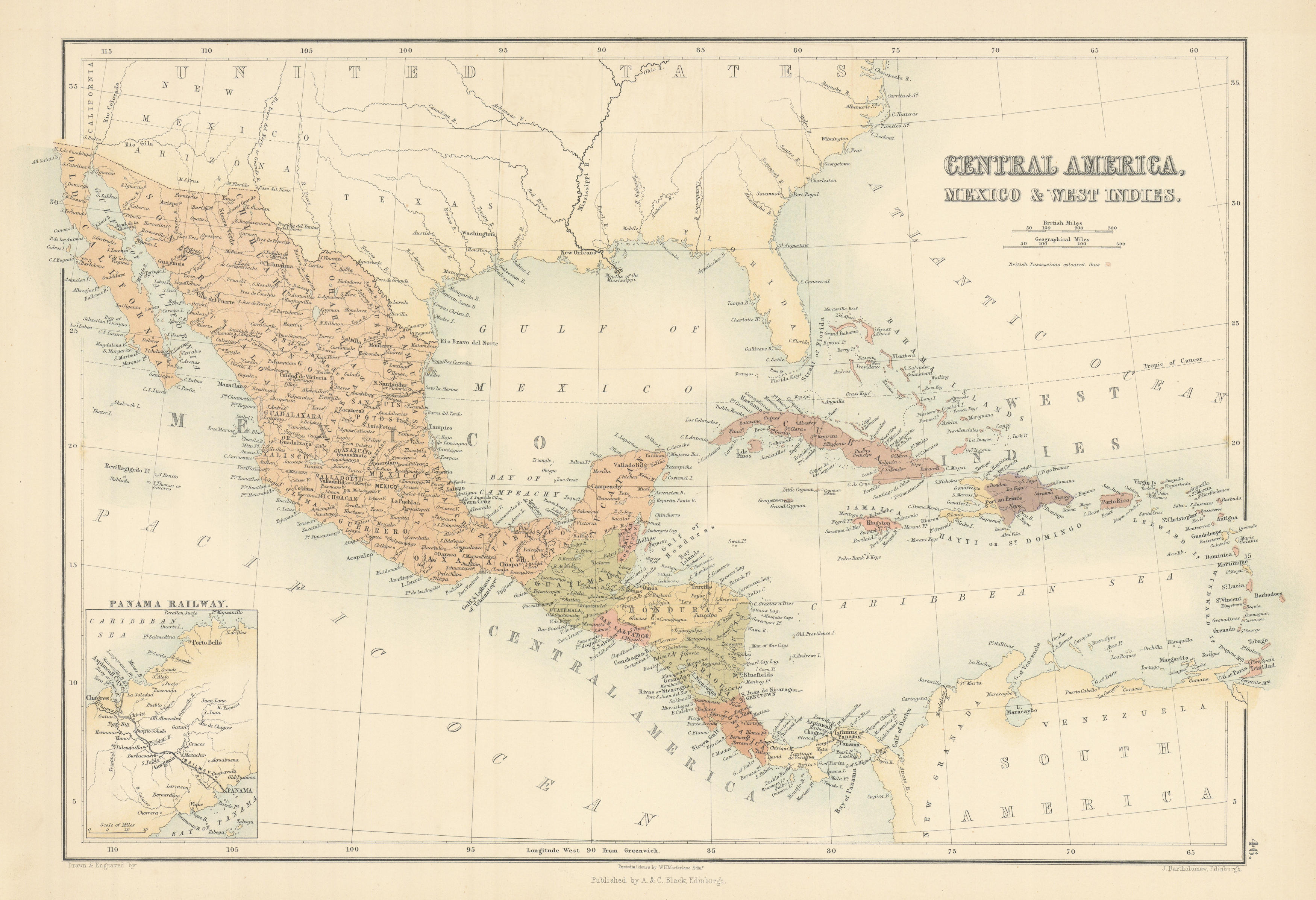 Associate Product Central America, Mexico & West Indies. Panama Railway. BARTHOLOMEW 1862 map