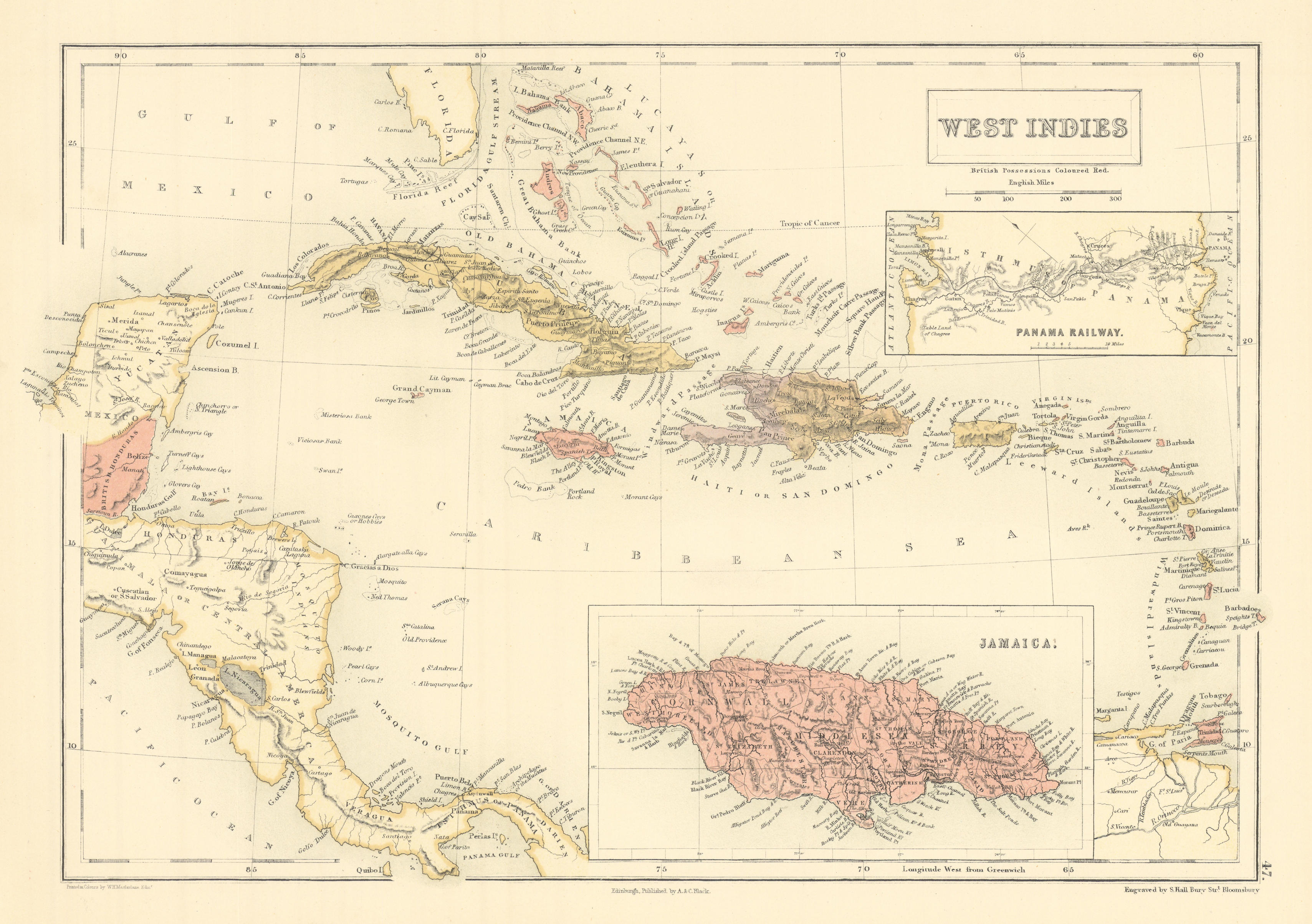 Associate Product West Indies. Inset Panama Railway & Jamaica. Caribbean. SIDNEY HALL 1862 map