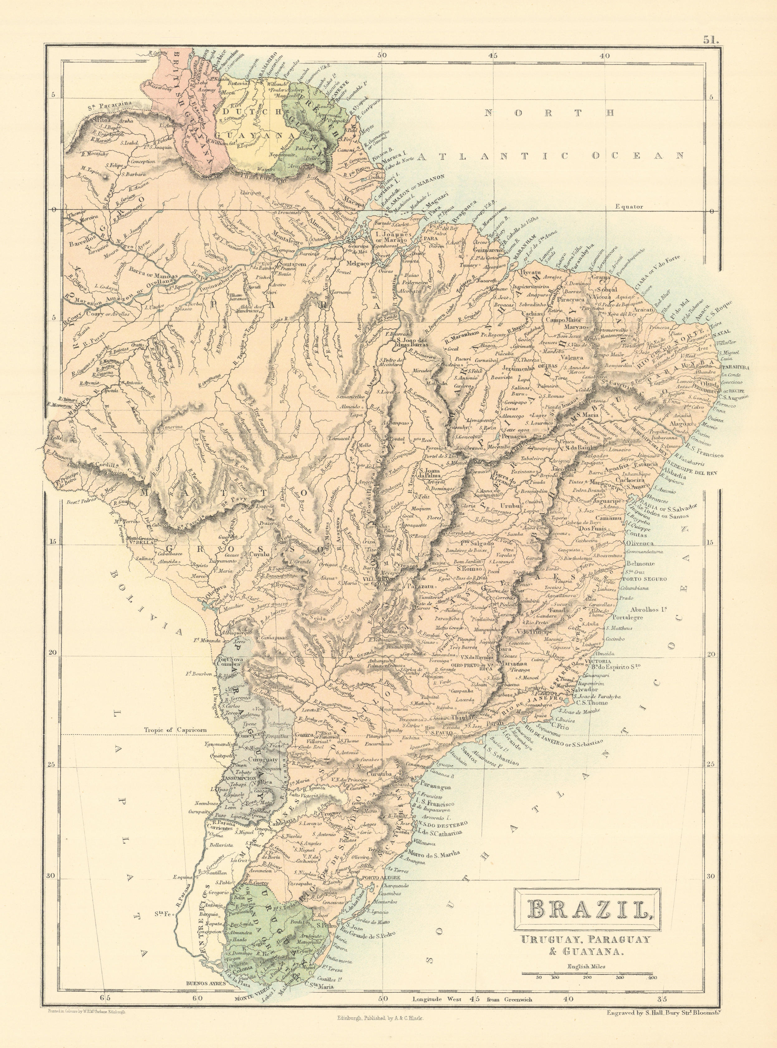 Associate Product Brazil, Uruguay, Paraguay & Guayana. Guyanas. BARTHOLOMEW 1862 old antique map