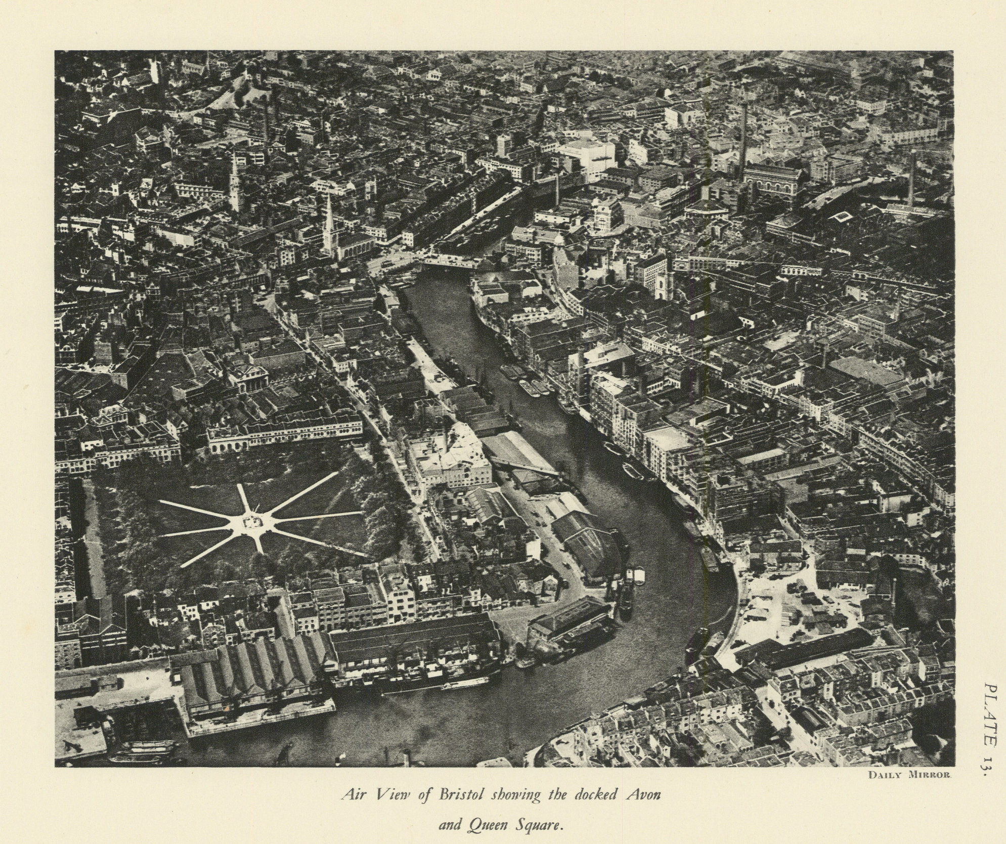 Air View of Bristol showing the docked Avon & Queen Square 1930 old print