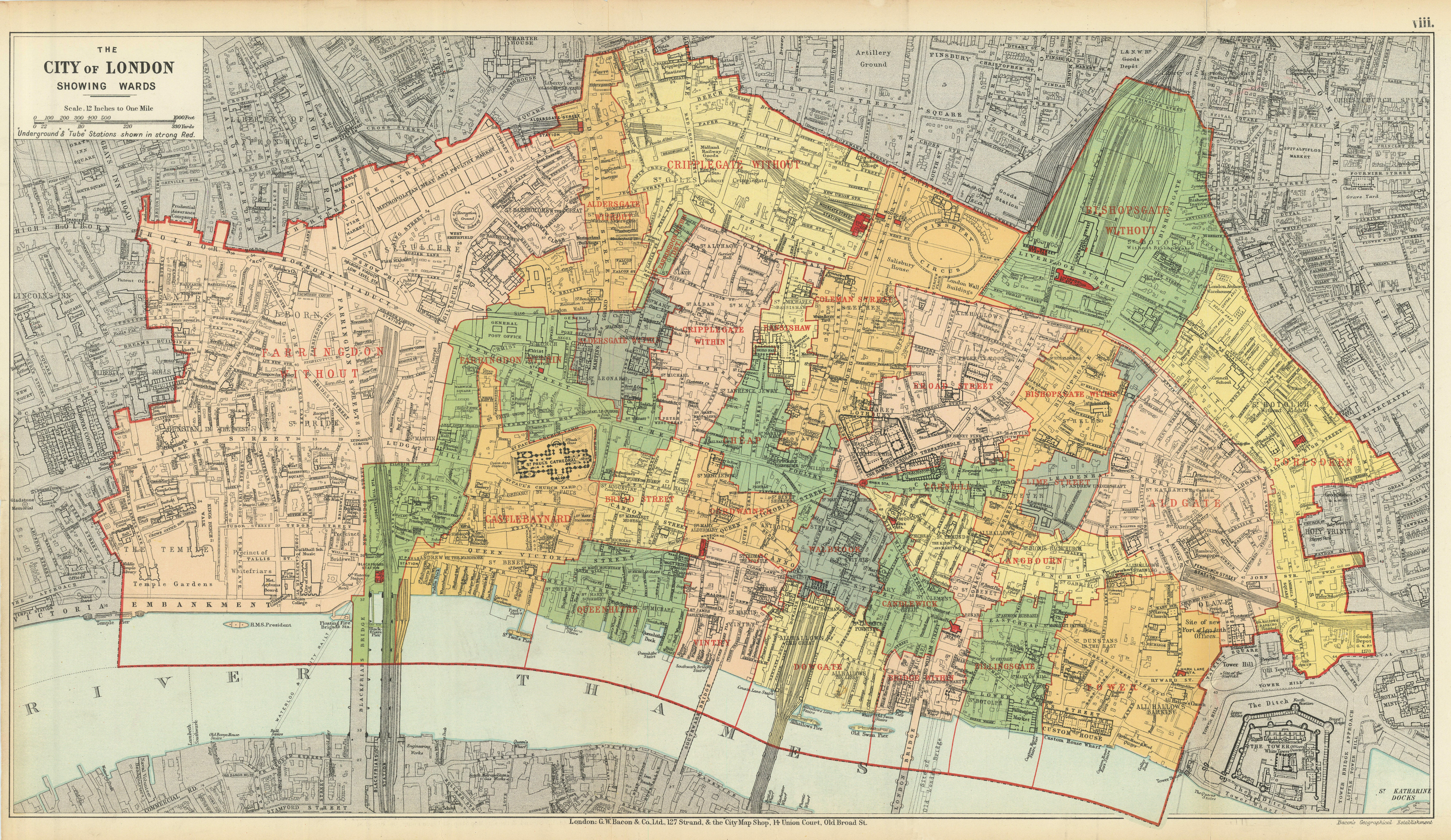 Associate Product CITY OF LONDON showing WARDS. Churches & public buildings plans. BACON 1913 map