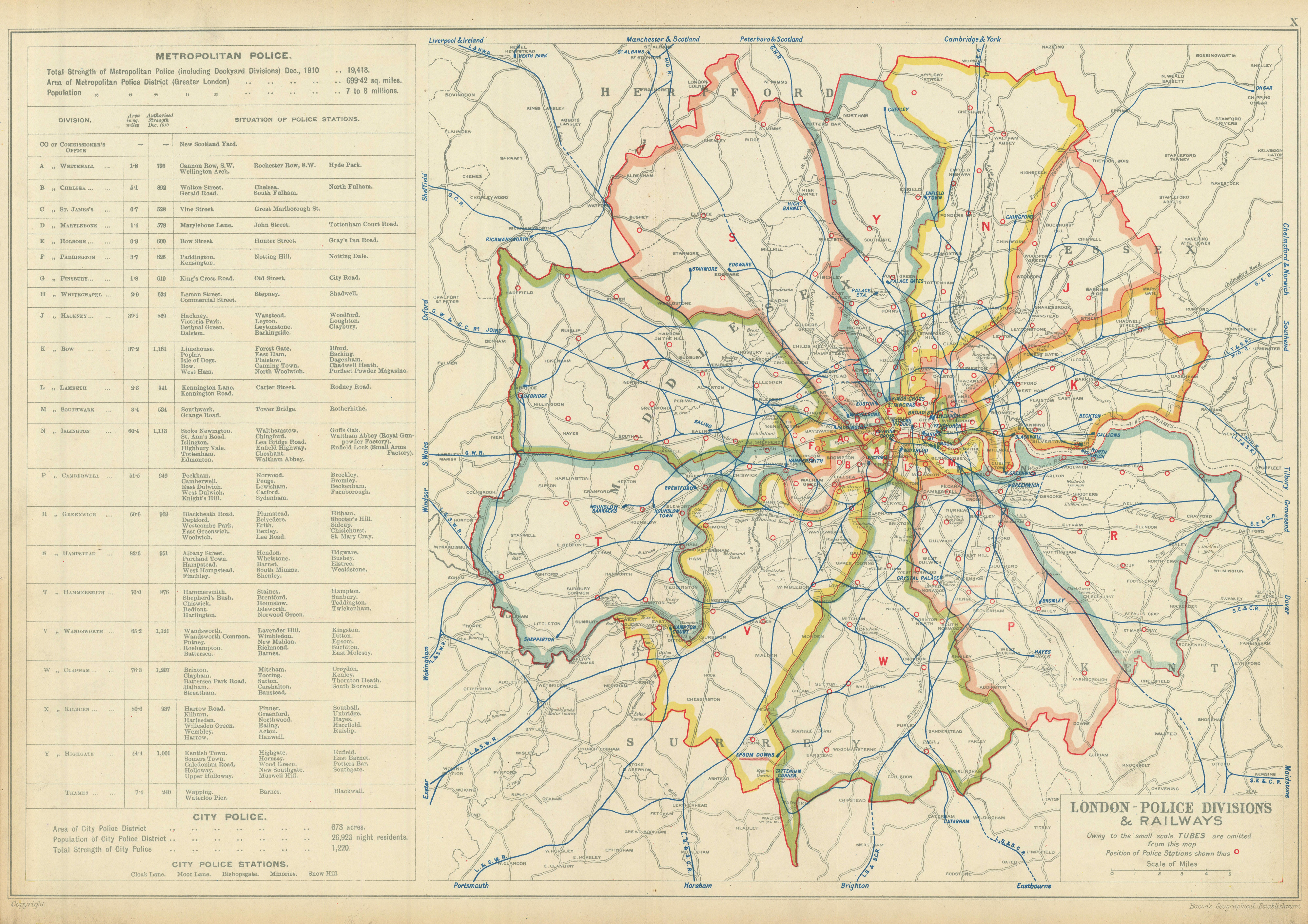 Associate Product LONDON POLICE DIVISIONS & RAILWAYS showing Police stations. BACON 1913 old map