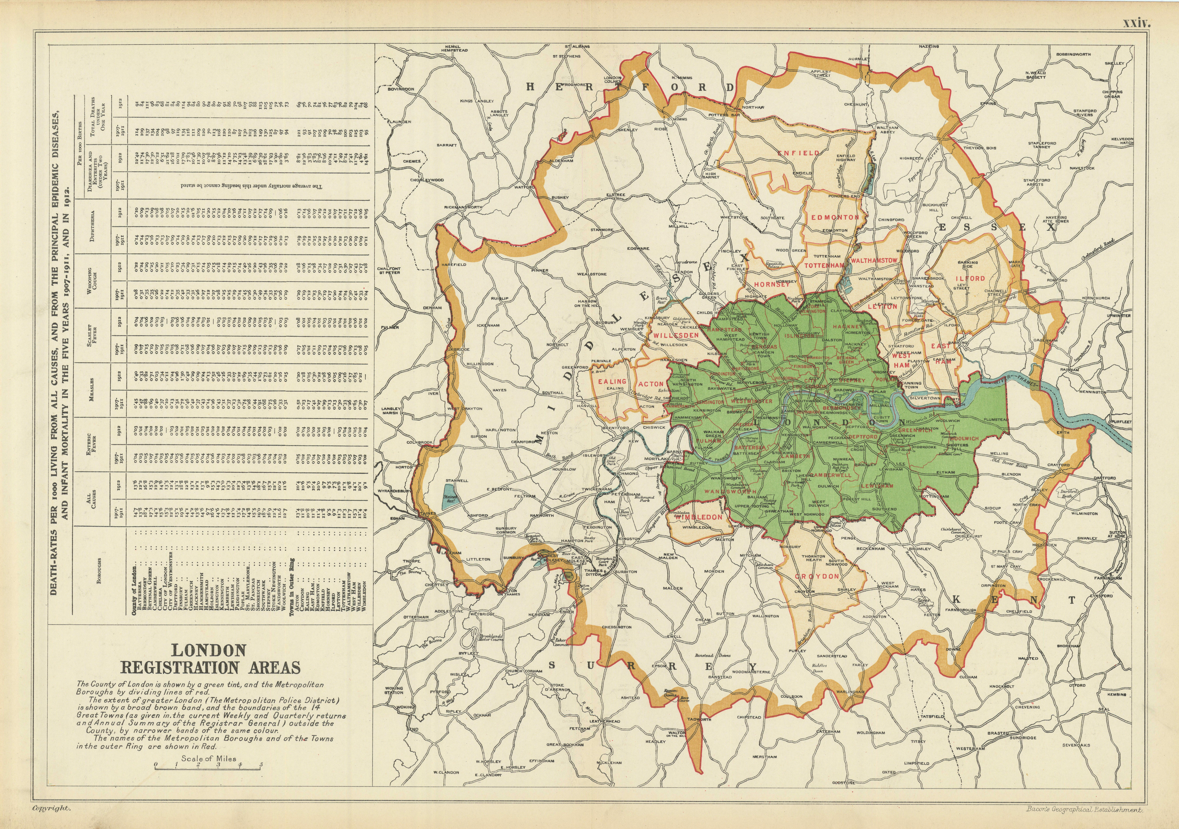 Associate Product LONDON POPULATION, BIRTHS & DEATHS for 1907-1912. BACON 1913 old antique map