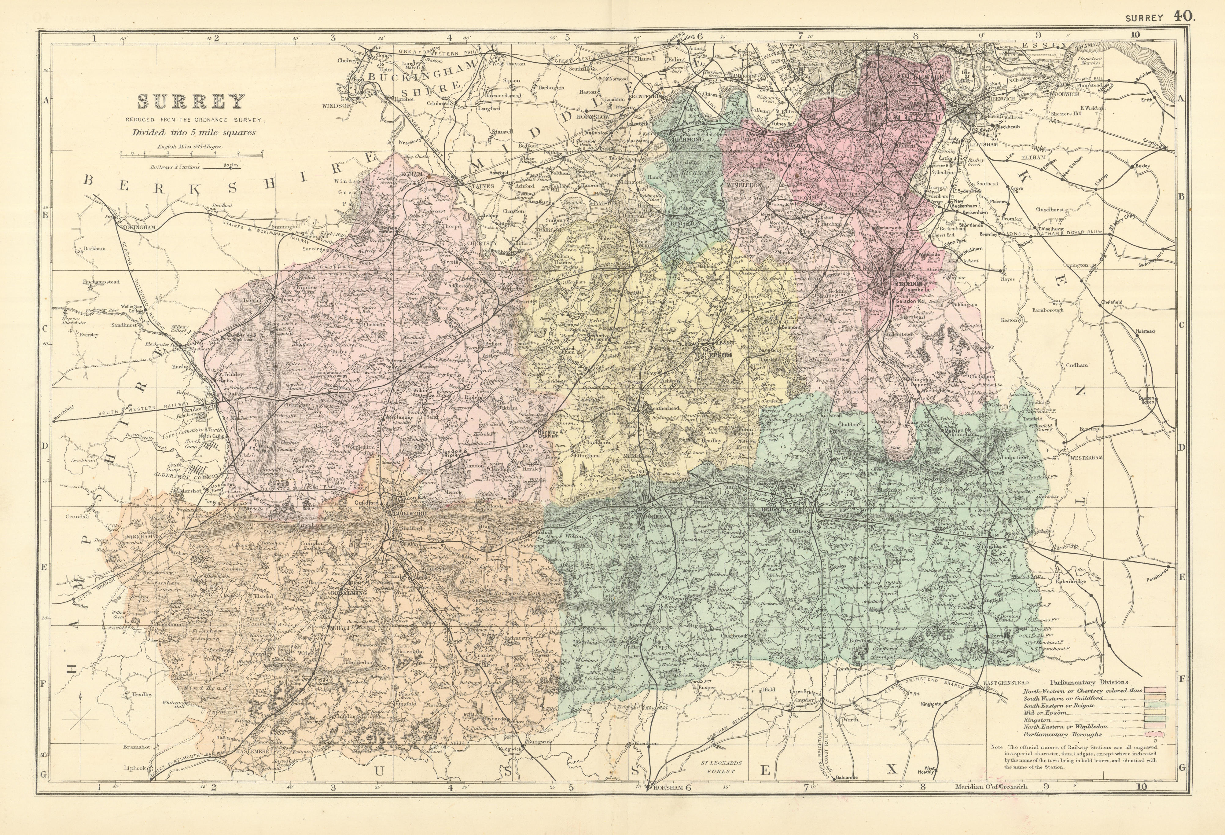 SURREY antique county map by GW BACON 1891 old vintage plan chart