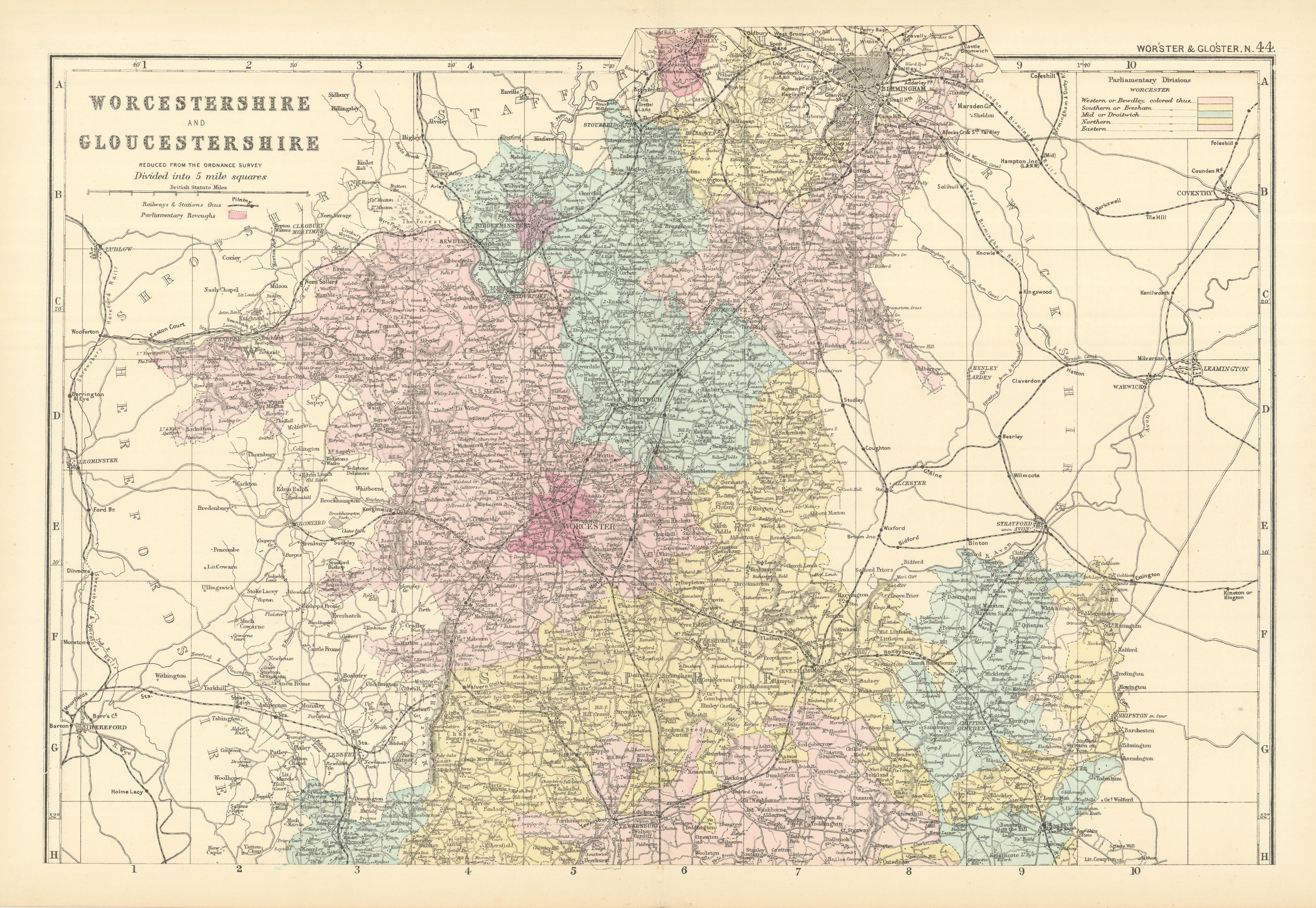 Associate Product WORCESTERSHIRE & GLOUCESTERSHIRE (North) antique county map by GW BACON 1891