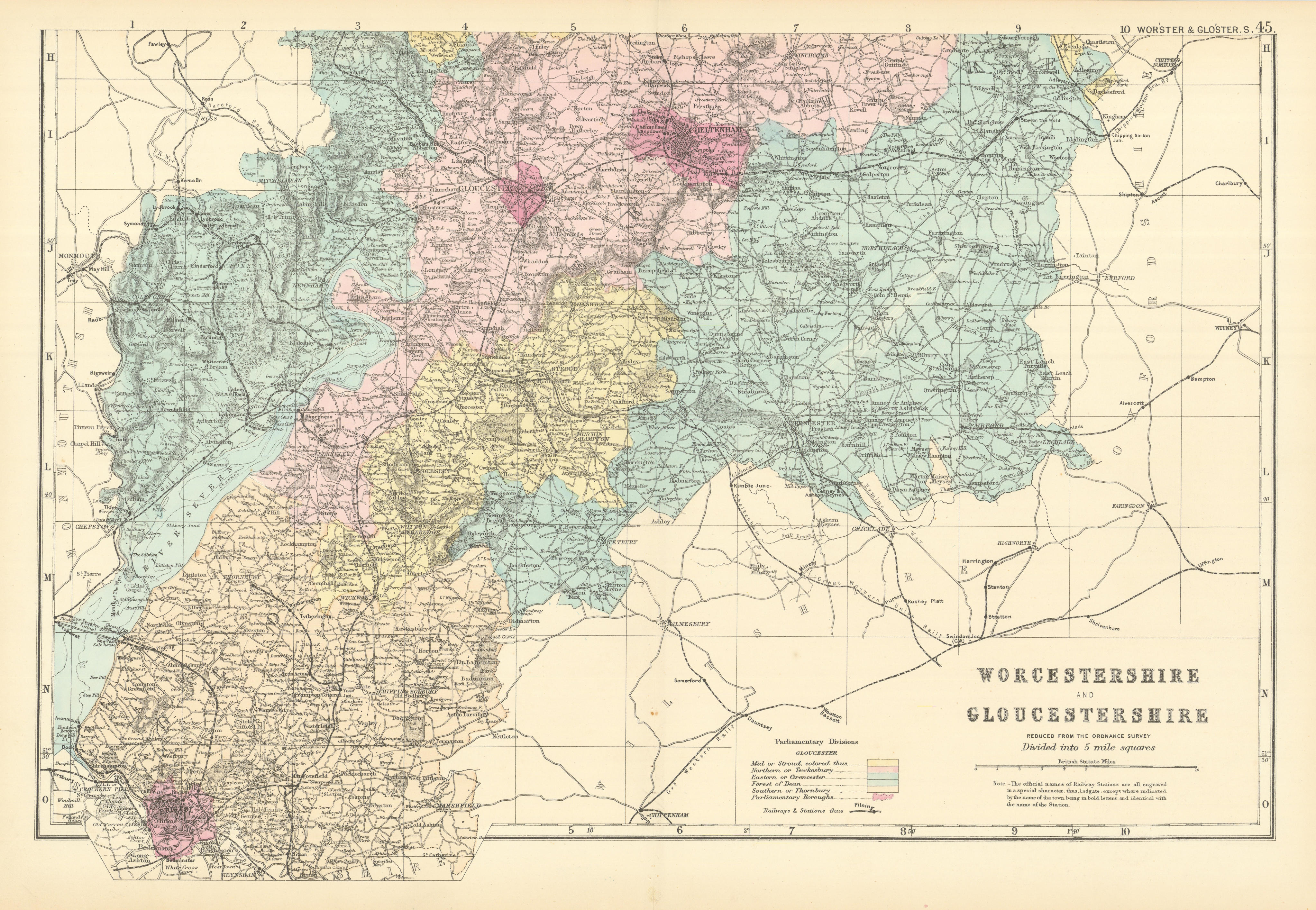 Associate Product WORCESTERSHIRE & GLOUCESTERSHIRE (South) antique county map by GW BACON 1891