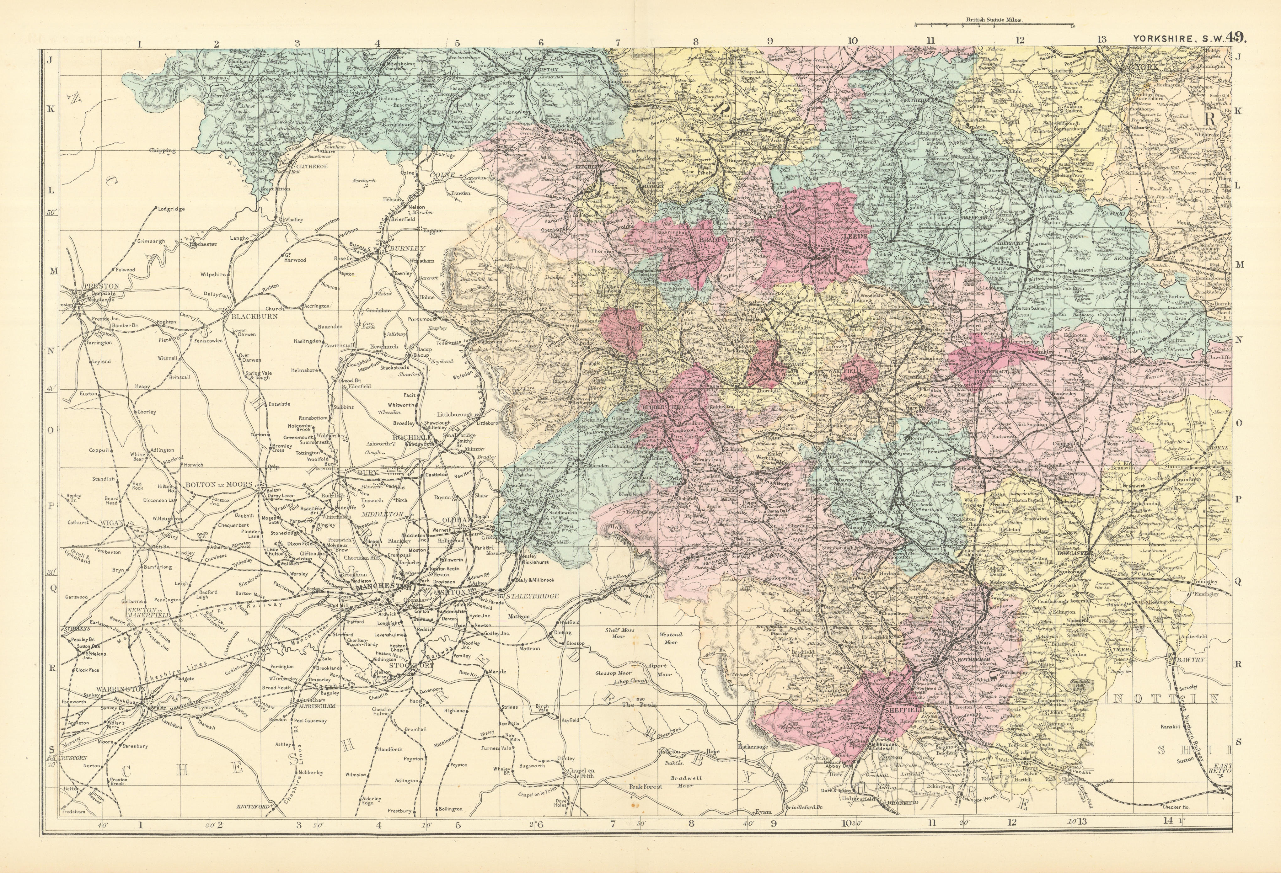 YORKSHIRE (South West) Sheffield Leeds Bradford County map GW BACON 1891