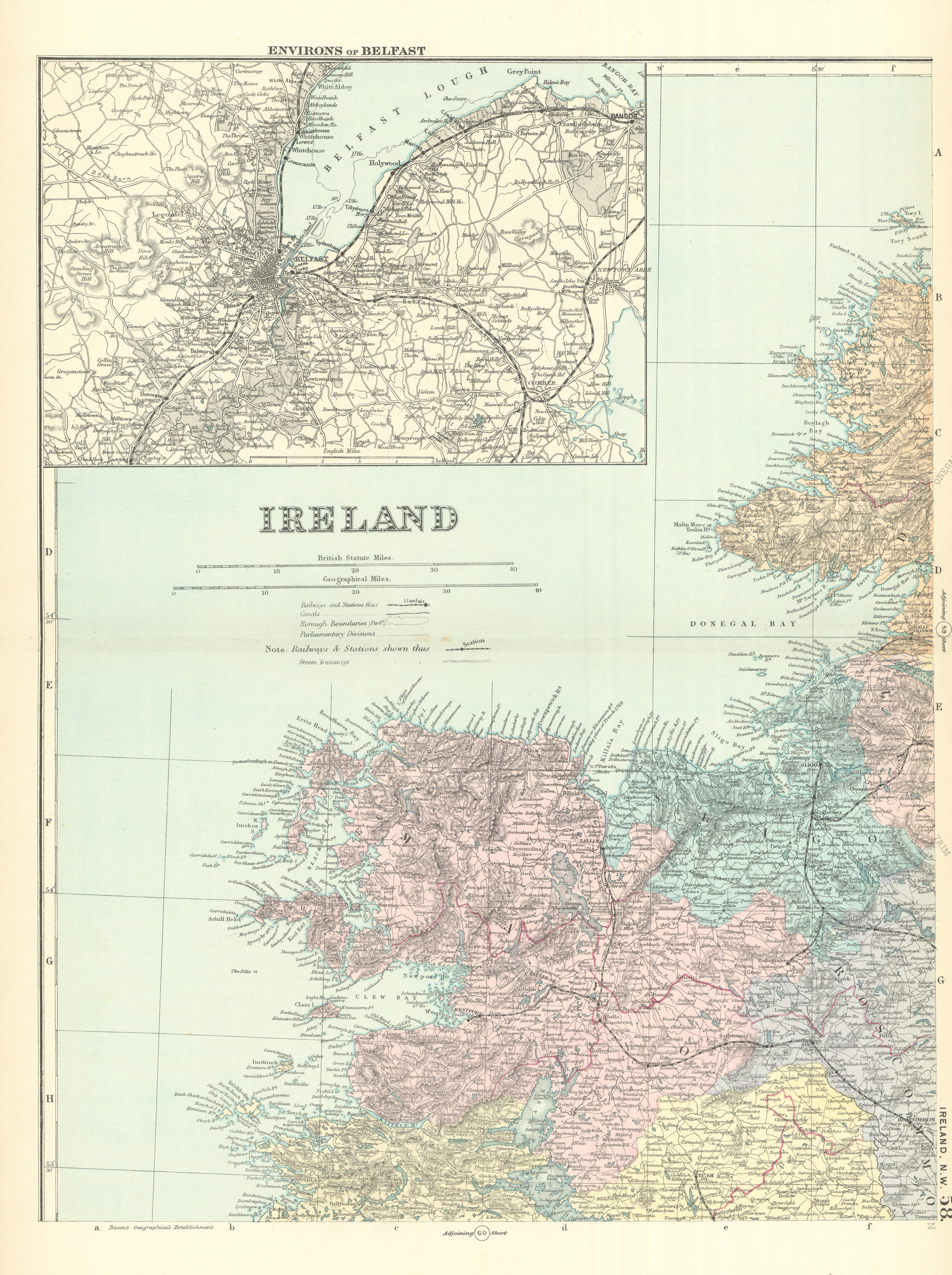 IRELAND (North West) Connacht Mayo Galway Sligo antique map by GW BACON 1891
