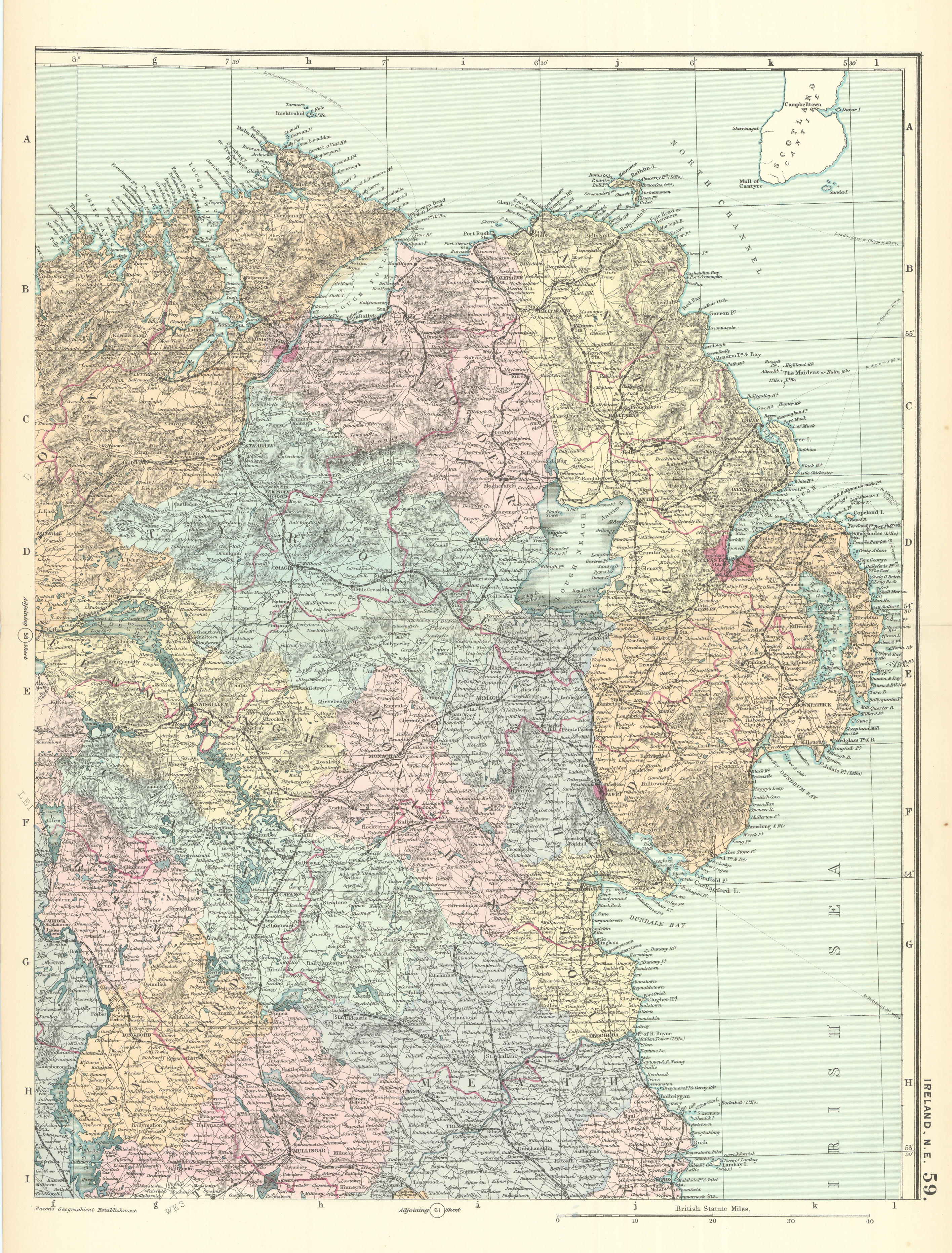 IRELAND (North East) Ulster Meath Louth Cavan Dublin GW BACON 1891 old map
