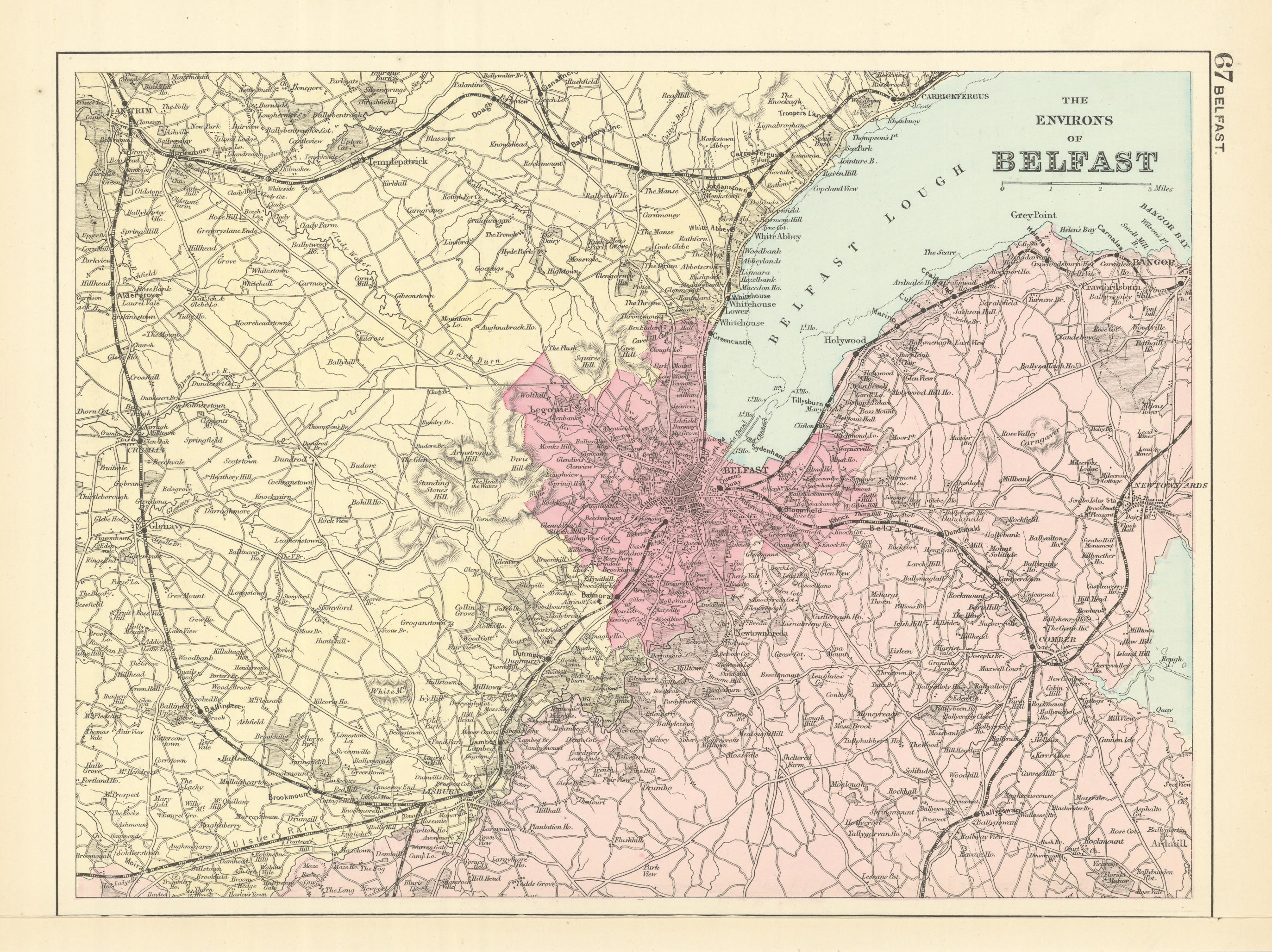 BELFAST & ENVIRONS Lisburn Antrim Carrickfergus antique map by GW BACON 1891