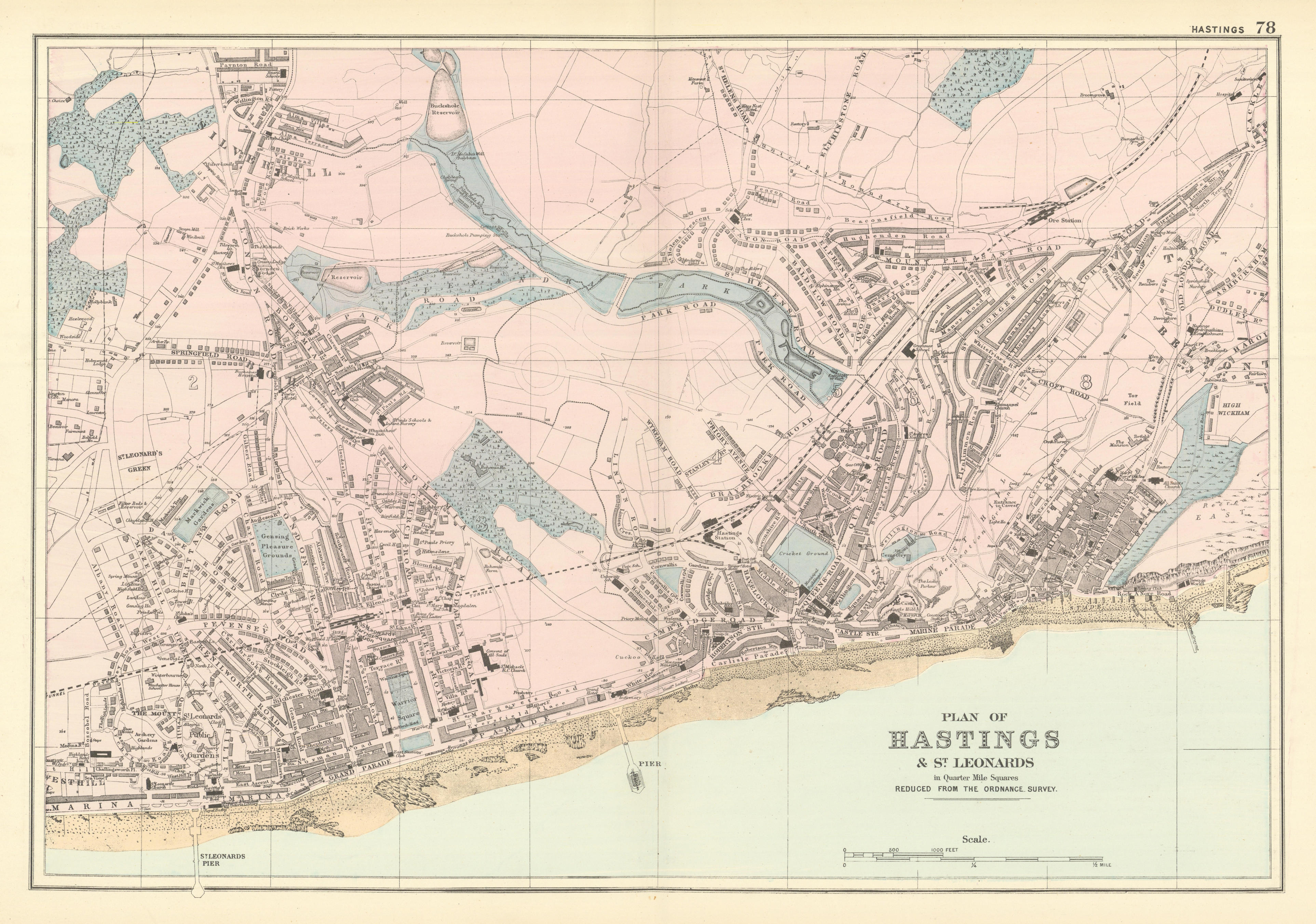 Associate Product HASTINGS & St Leonards town city plan by GW BACON 1891 old antique map chart