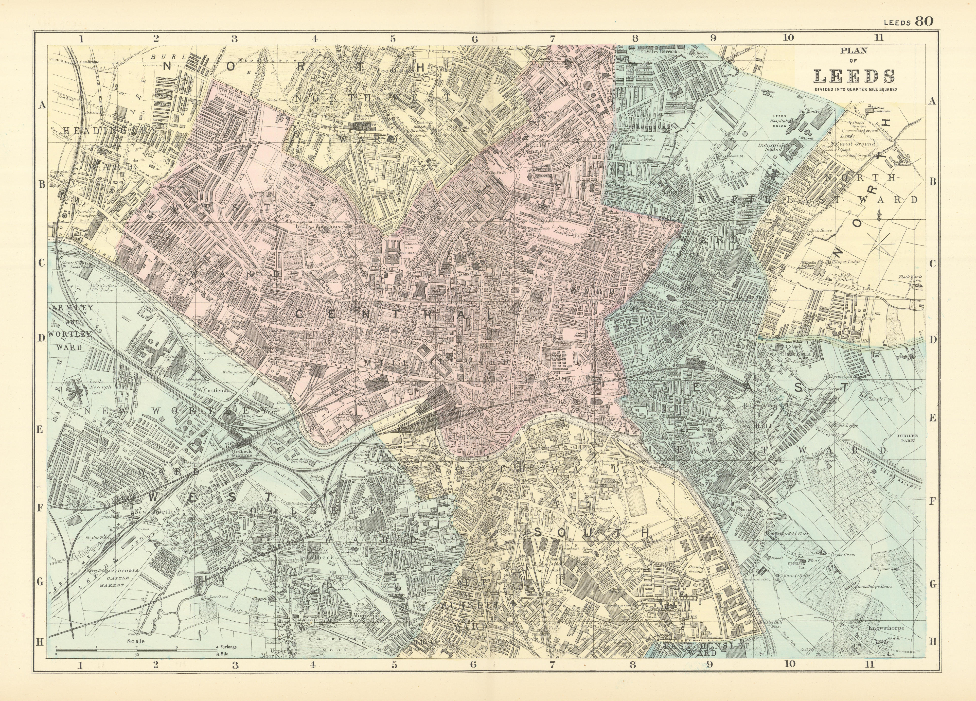 LEEDS Holbeck Wortley Headingley Brunswick Hunslet town city plan BACON 1891 map