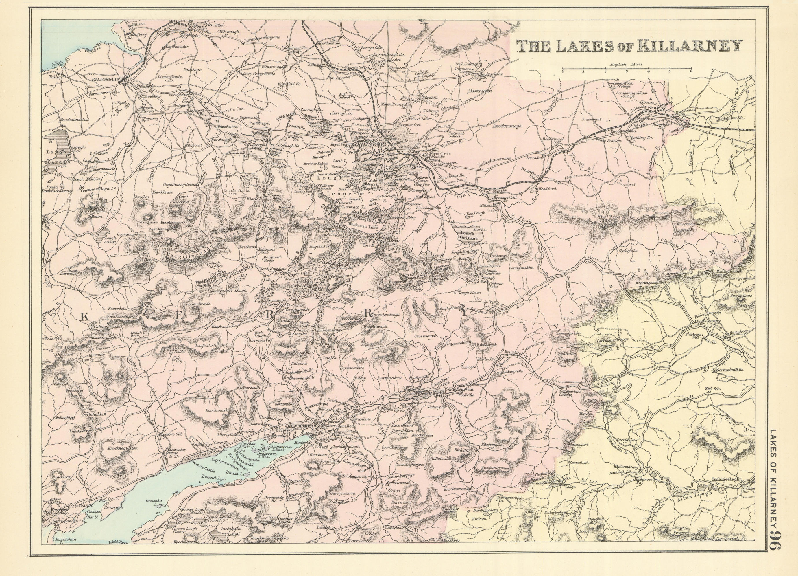Associate Product KILLARNEY LAKES Kerry Kenmare Ireland antique map by GW BACON 1891 old