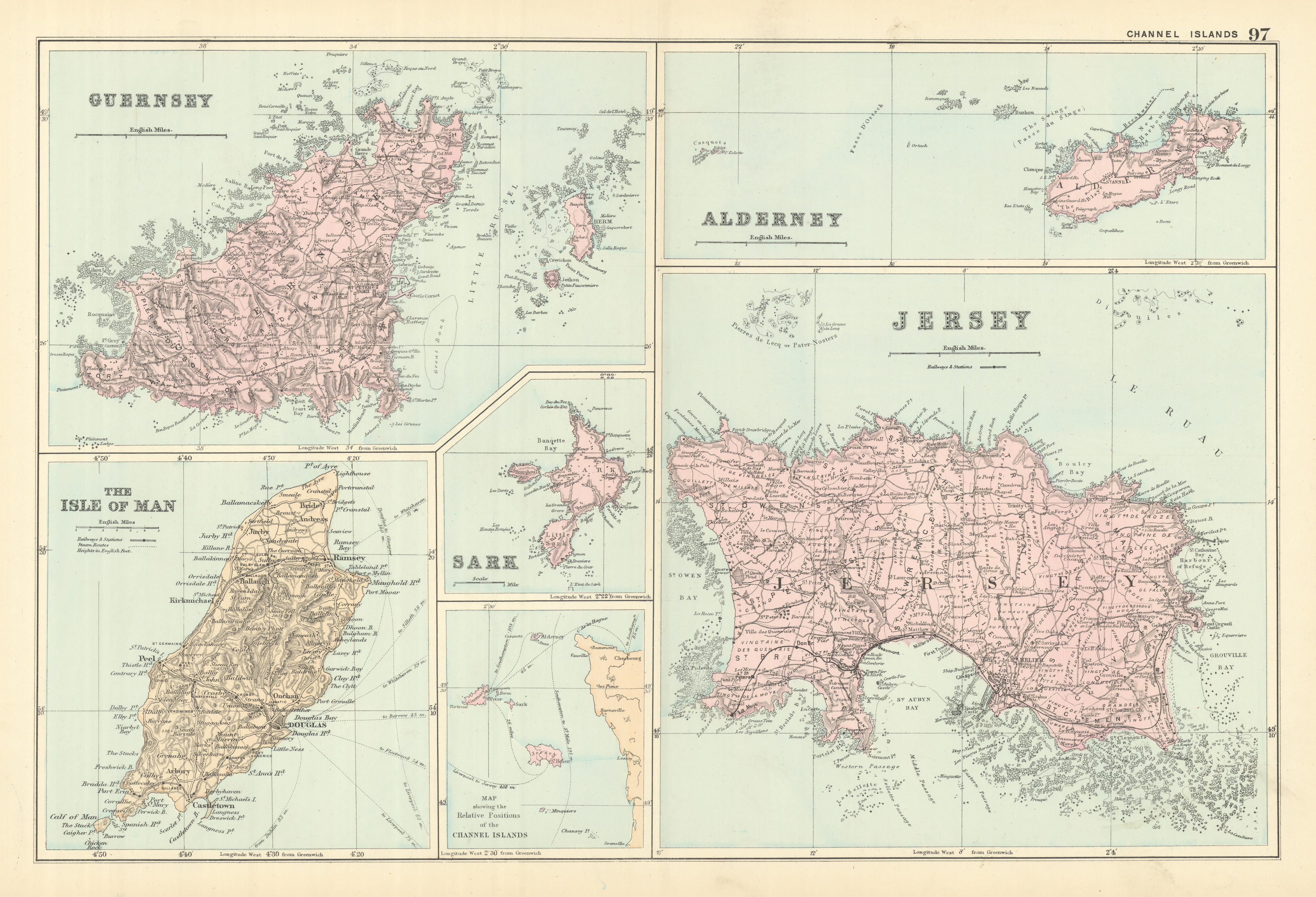 Associate Product CHANNEL ISLANDS & ISLE OF MAN Alderney Guernsey Jersey Sark by GW BACON 1891 map