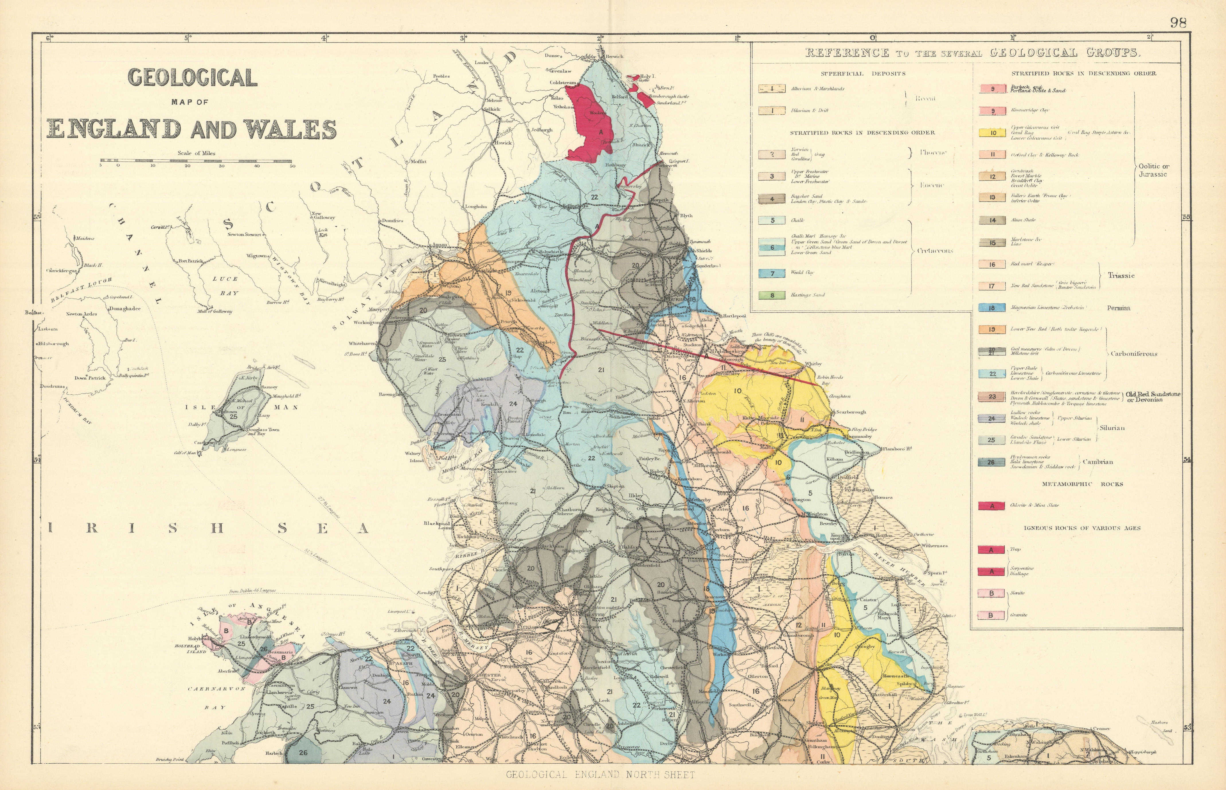 Associate Product GEOLOGICAL ENGLAND & WALES (North sheet) antique map by GW BACON 1891 old