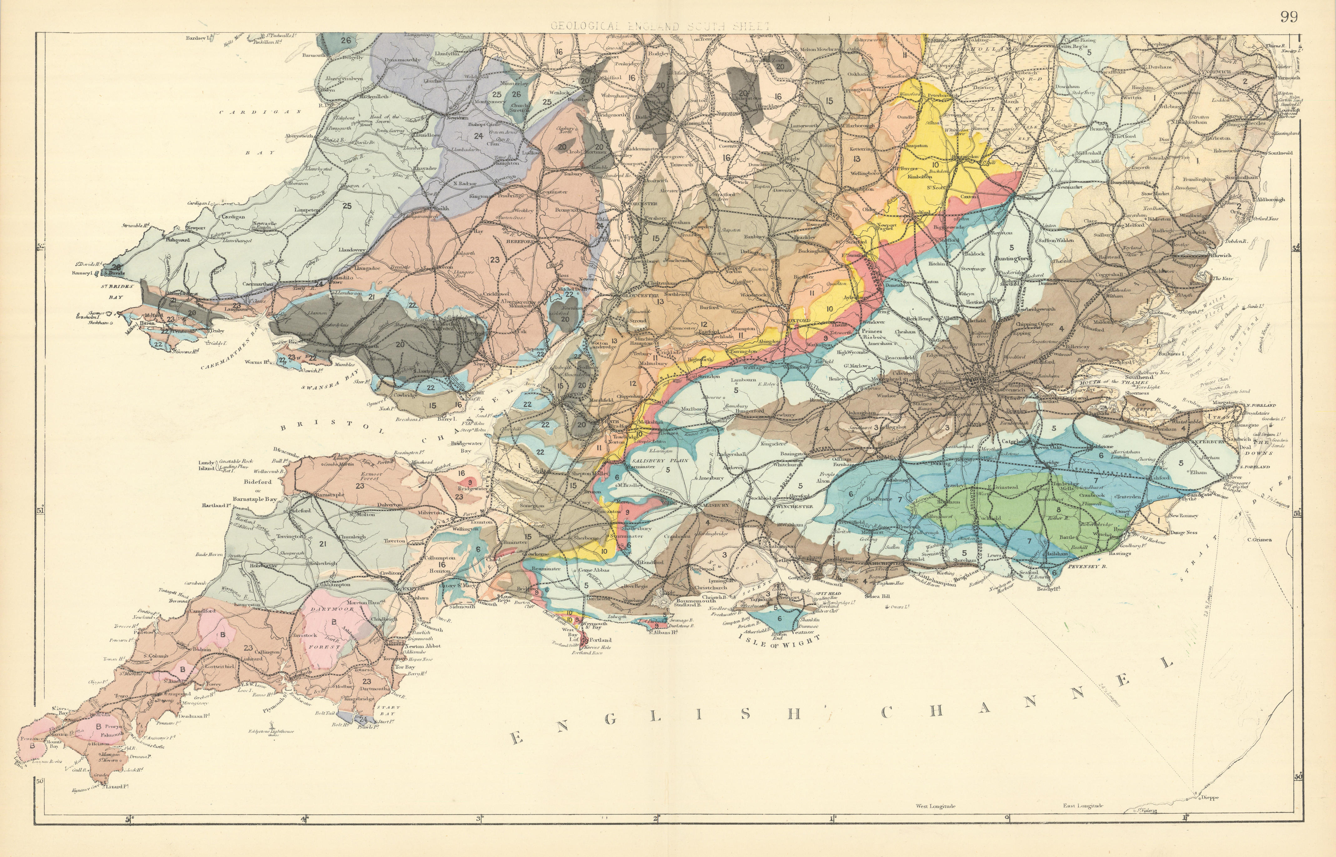 Associate Product GEOLOGICAL ENGLAND & WALES (South sheet) antique map by GW BACON 1891 old