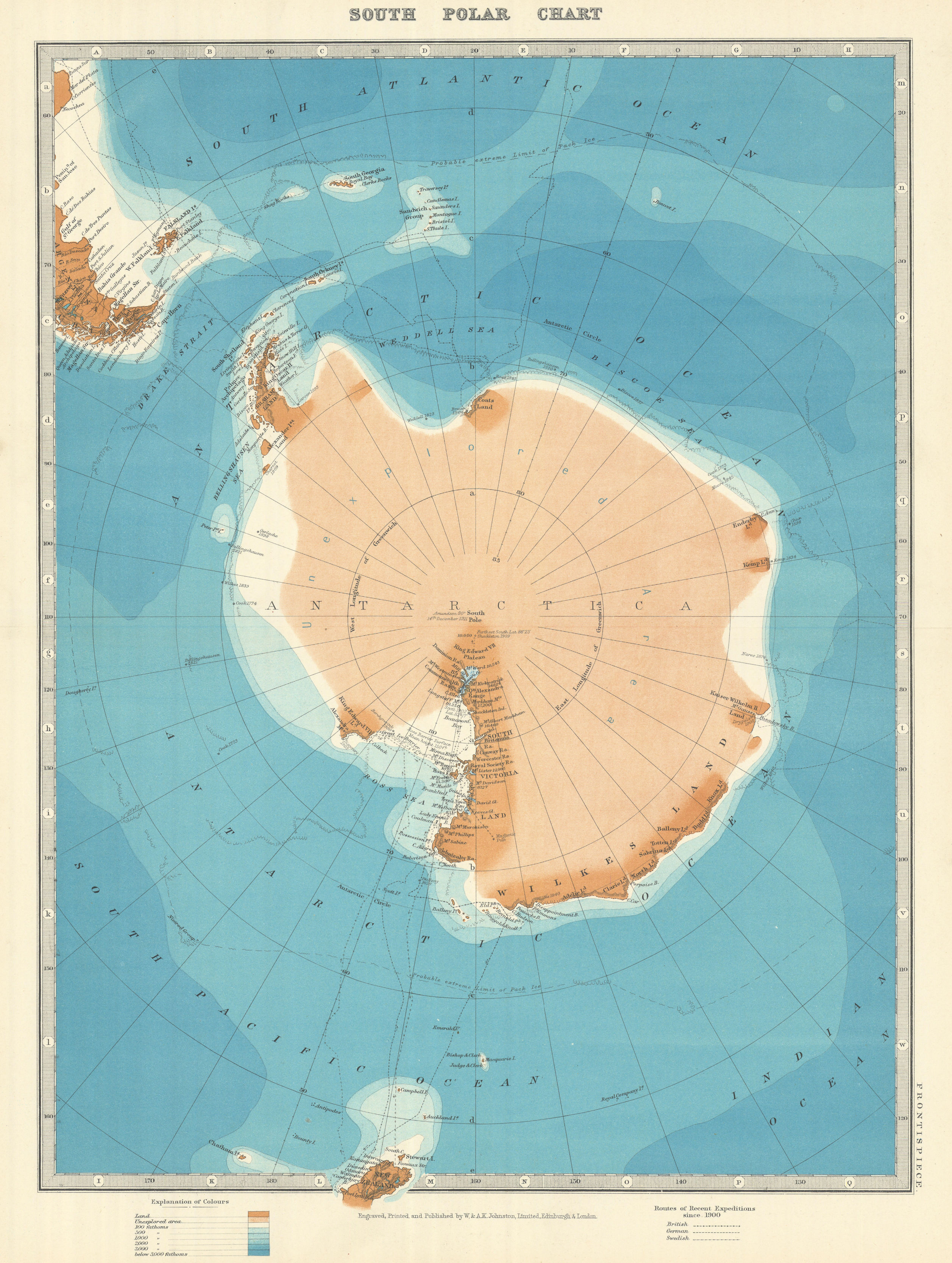 ANTARCTIC. Shows Amundsen reached South Pole in 1911. JOHNSTON 1913 old map