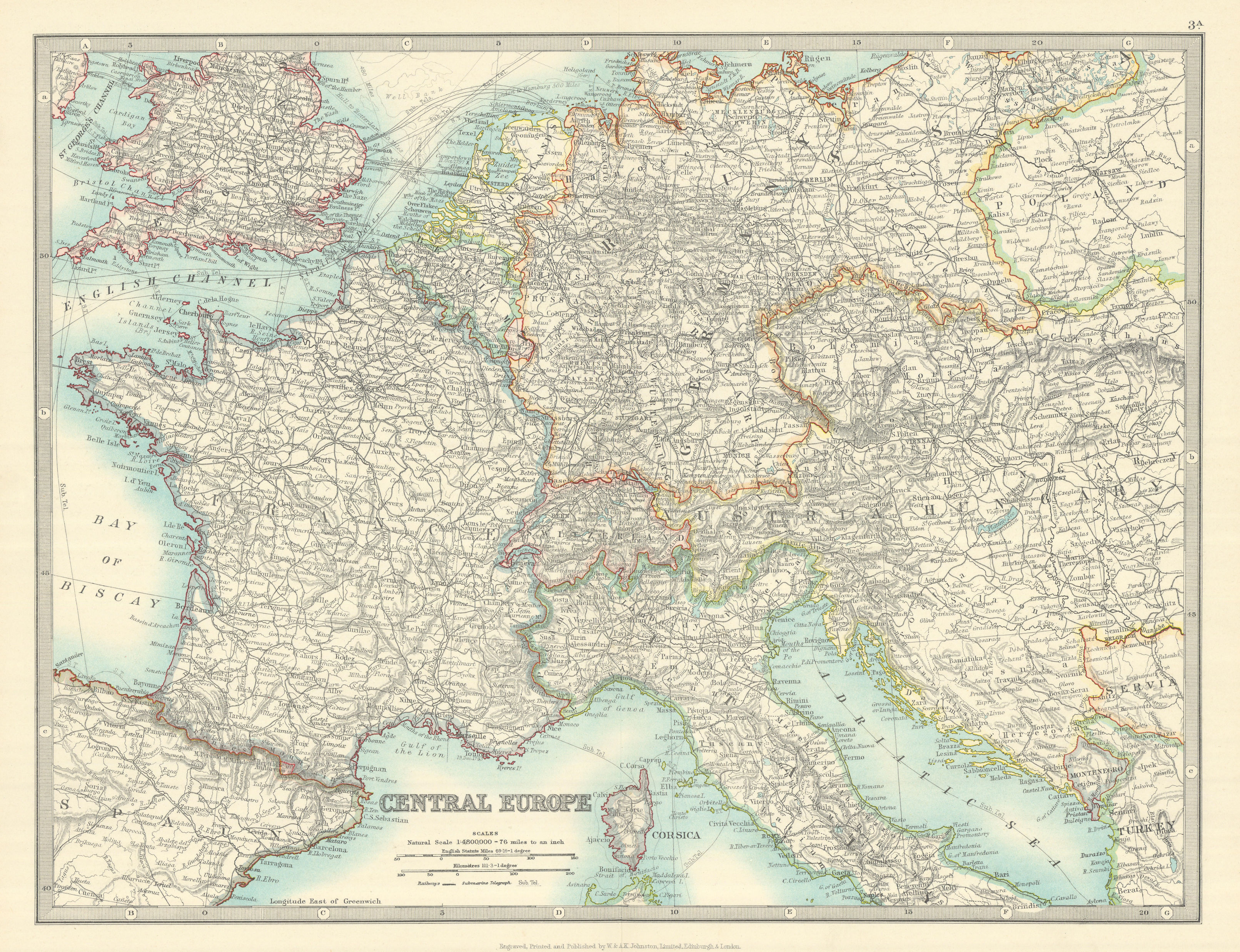 Associate Product CENTRAL EUROPE. France w/o Alsace Lorraine. Austria-Hungary . JOHNSTON 1913 map