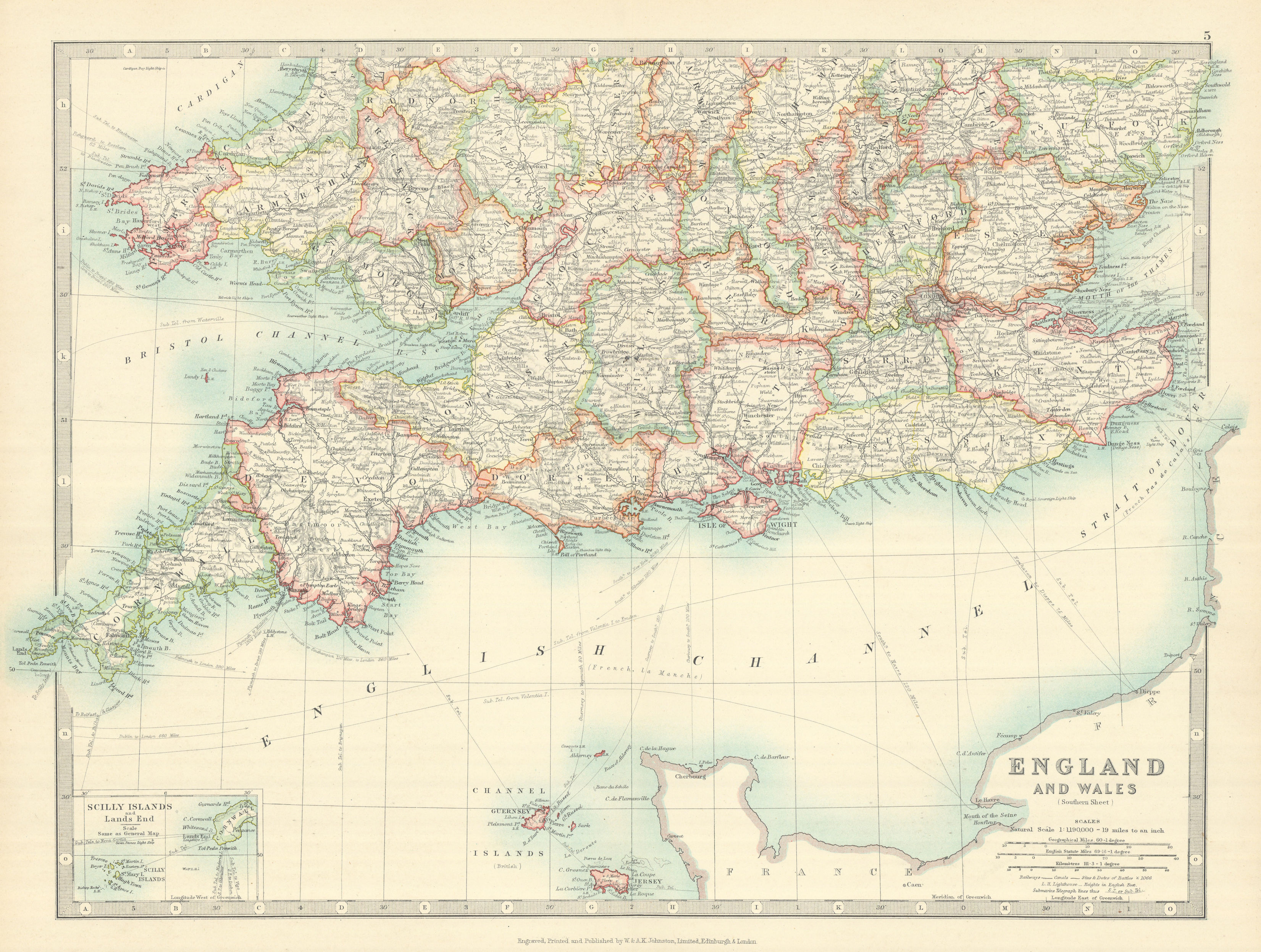 Associate Product SOUTHERN ENGLAND & WALES. Shows Worcestershire enclaves. JOHNSTON 1913 old map