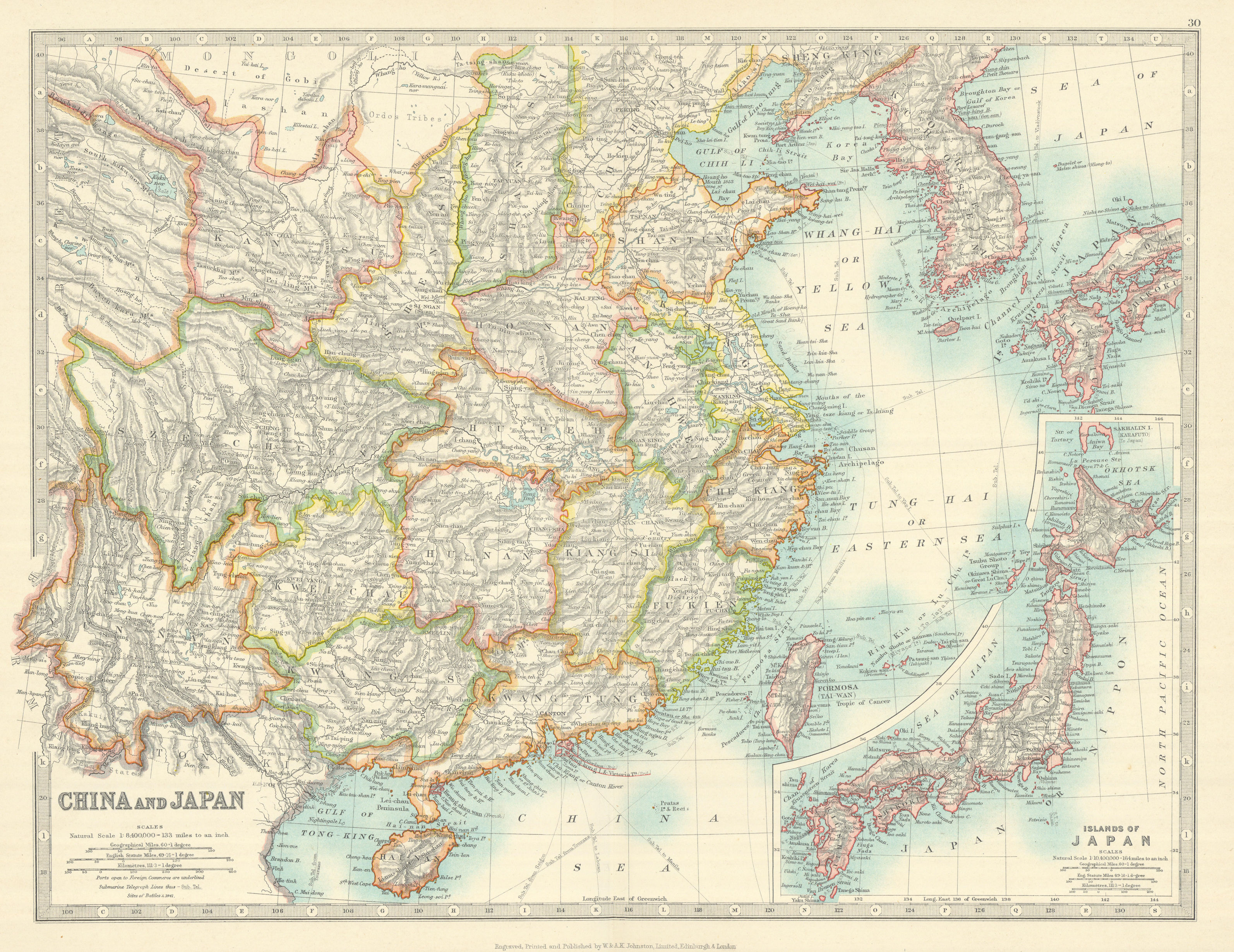CHINA & JAPAN showing Opium Wars battlefields & dates. JOHNSTON 1913 old map