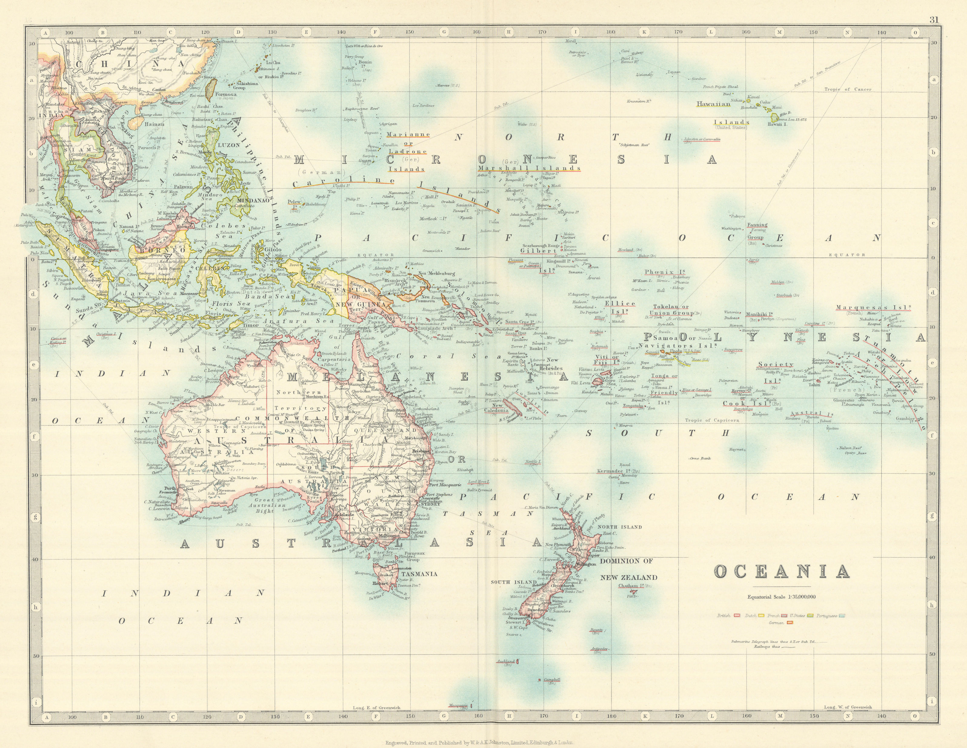 Associate Product OCEANIA Australia New Zealand East Indies Polynesia Micronesia JOHNSTON 1913 map