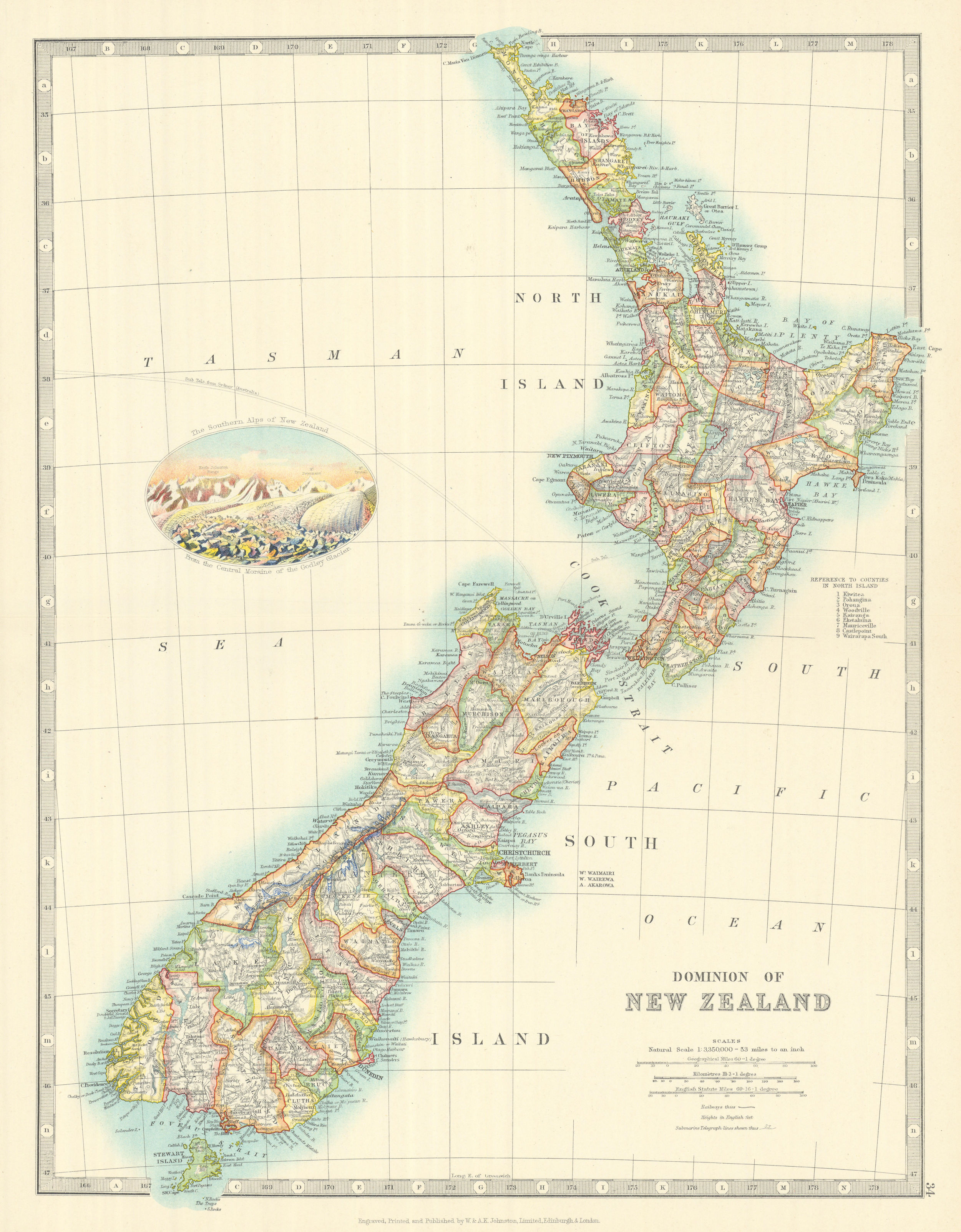 Associate Product DOMINION OF NEW ZEALAND in counties. Godley Glacier vignette. JOHNSTON 1913 map