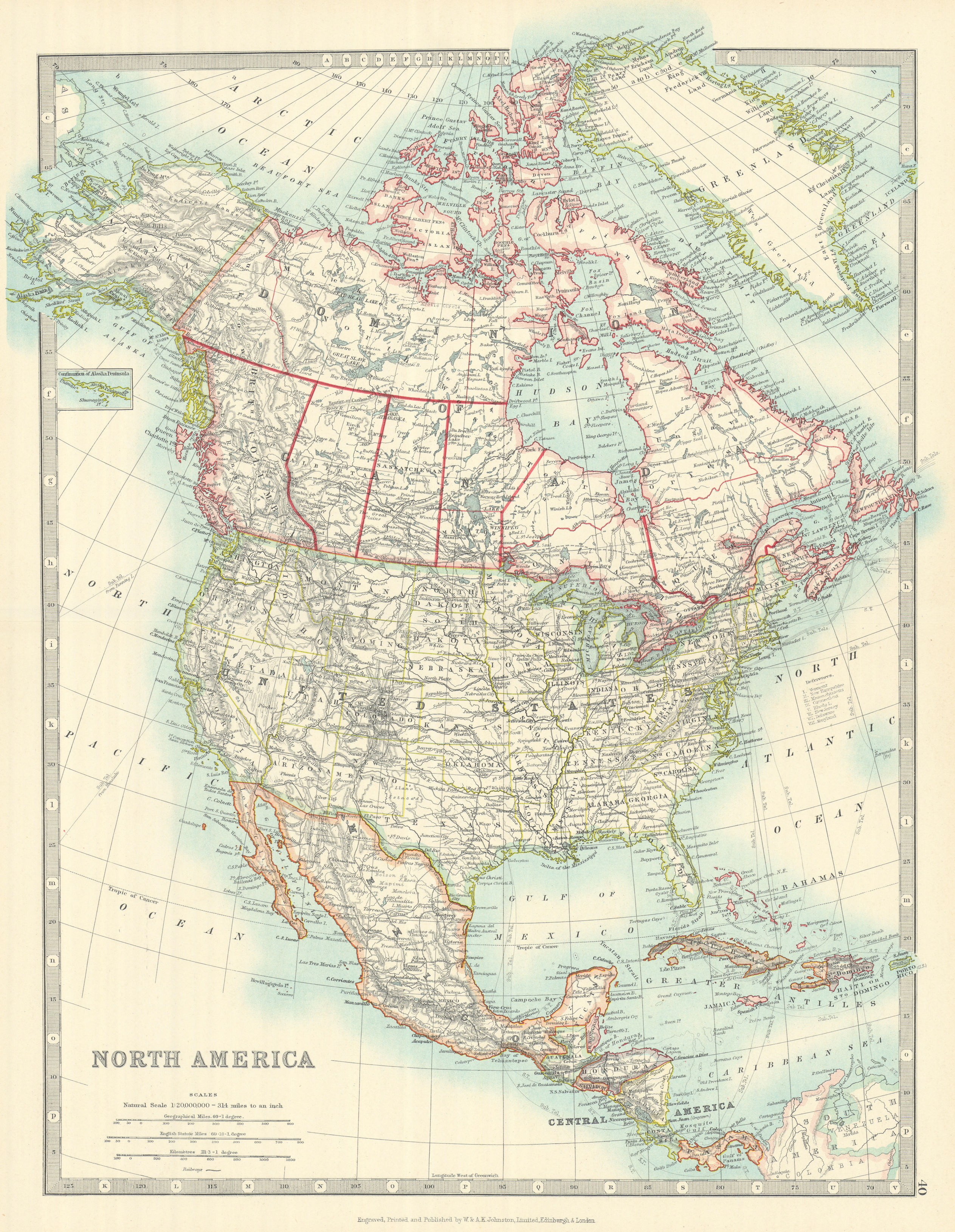 Associate Product NORTH AMERICA. United States Canada Mexico. Railways. JOHNSTON 1913 old map