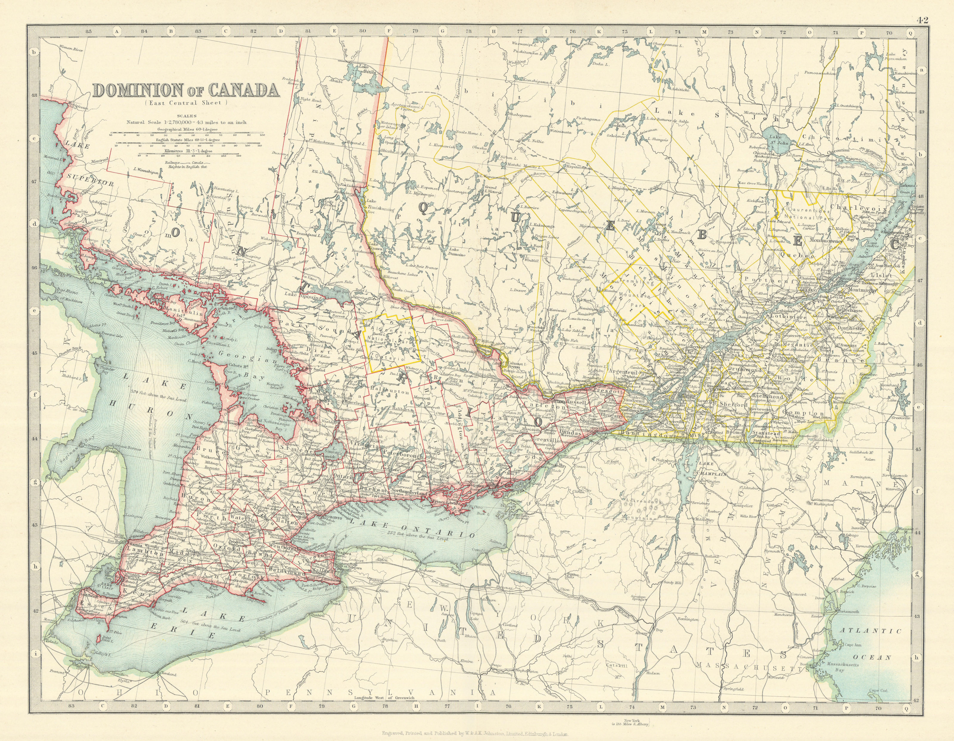 Associate Product QUEBEC & ONTARIO. Lake Huron Lake Erie Lake Ontario. Canada. JOHNSTON 1913 map