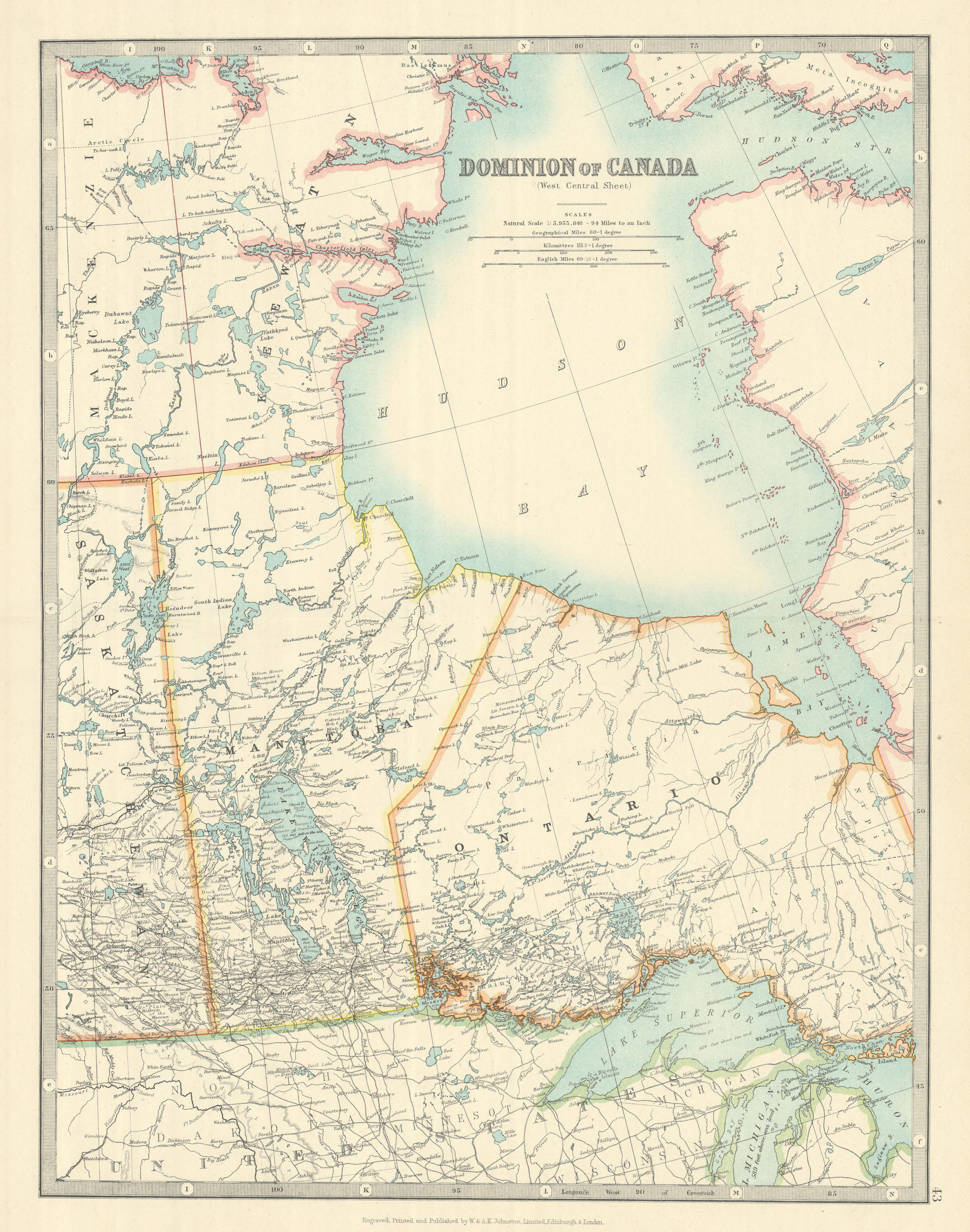 Associate Product HUDSON BAY & CENTRAL CANADA. Manitoba. Northern Ontario. JOHNSTON 1913 old map