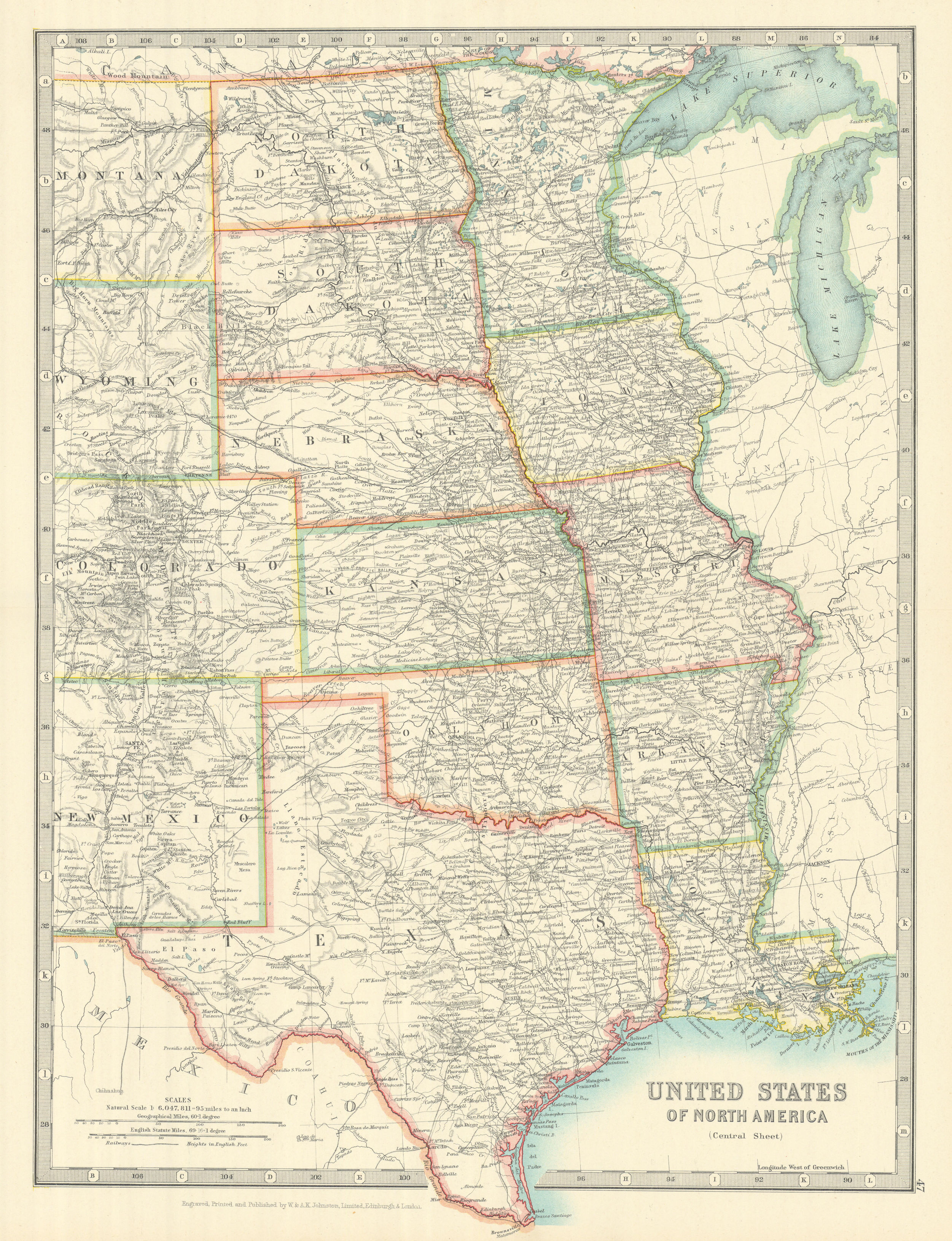 Associate Product MISSISSIPPI VALLEY. Central United States Texas USA Railways. JOHNSTON 1913 map