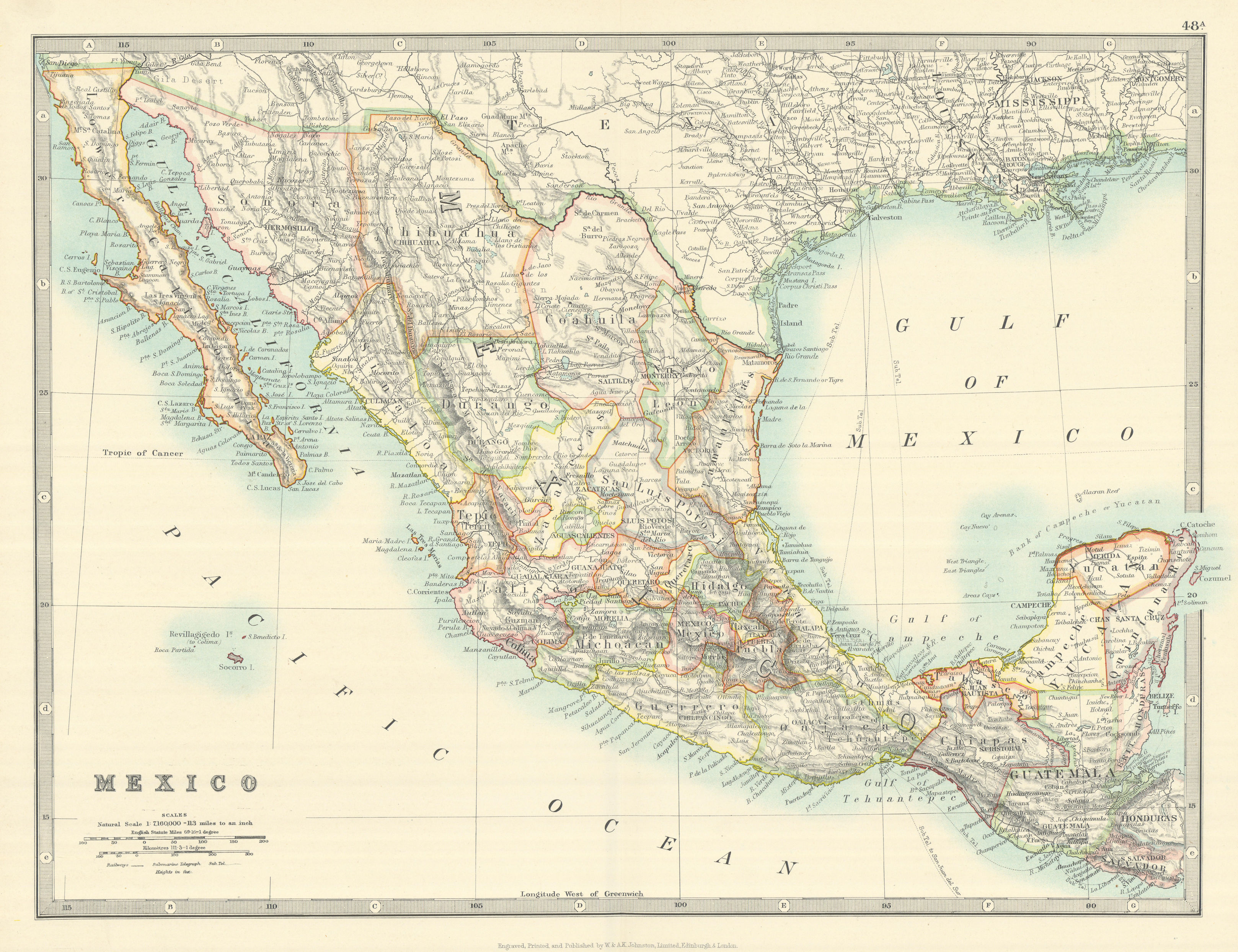 Associate Product MEXICO showing states. Guatemala & British Honduras. JOHNSTON 1913 old map