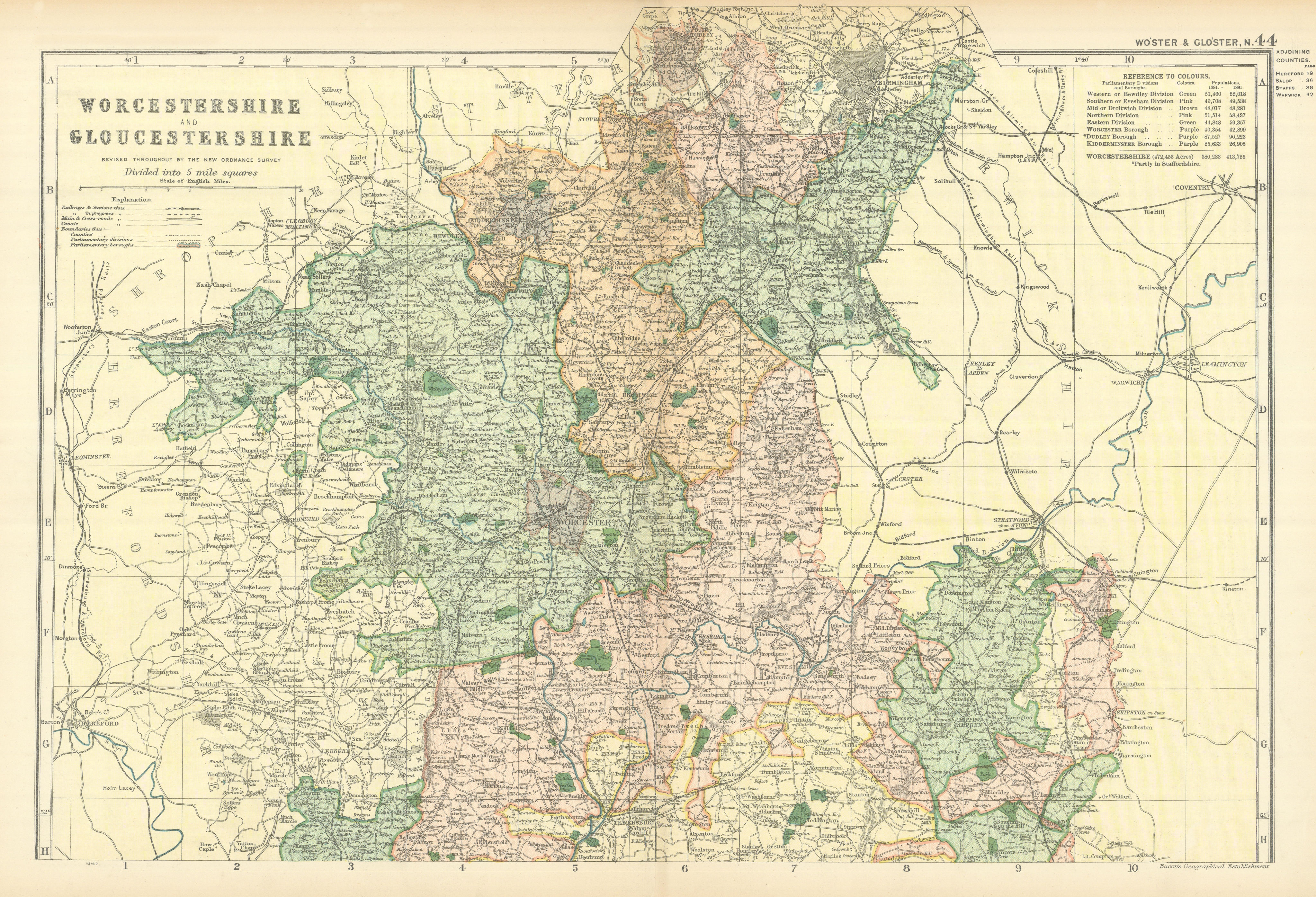 Associate Product WORCESTERSHIRE & GLOUCESTERSHIRE (North) antique county map by GW BACON 1898